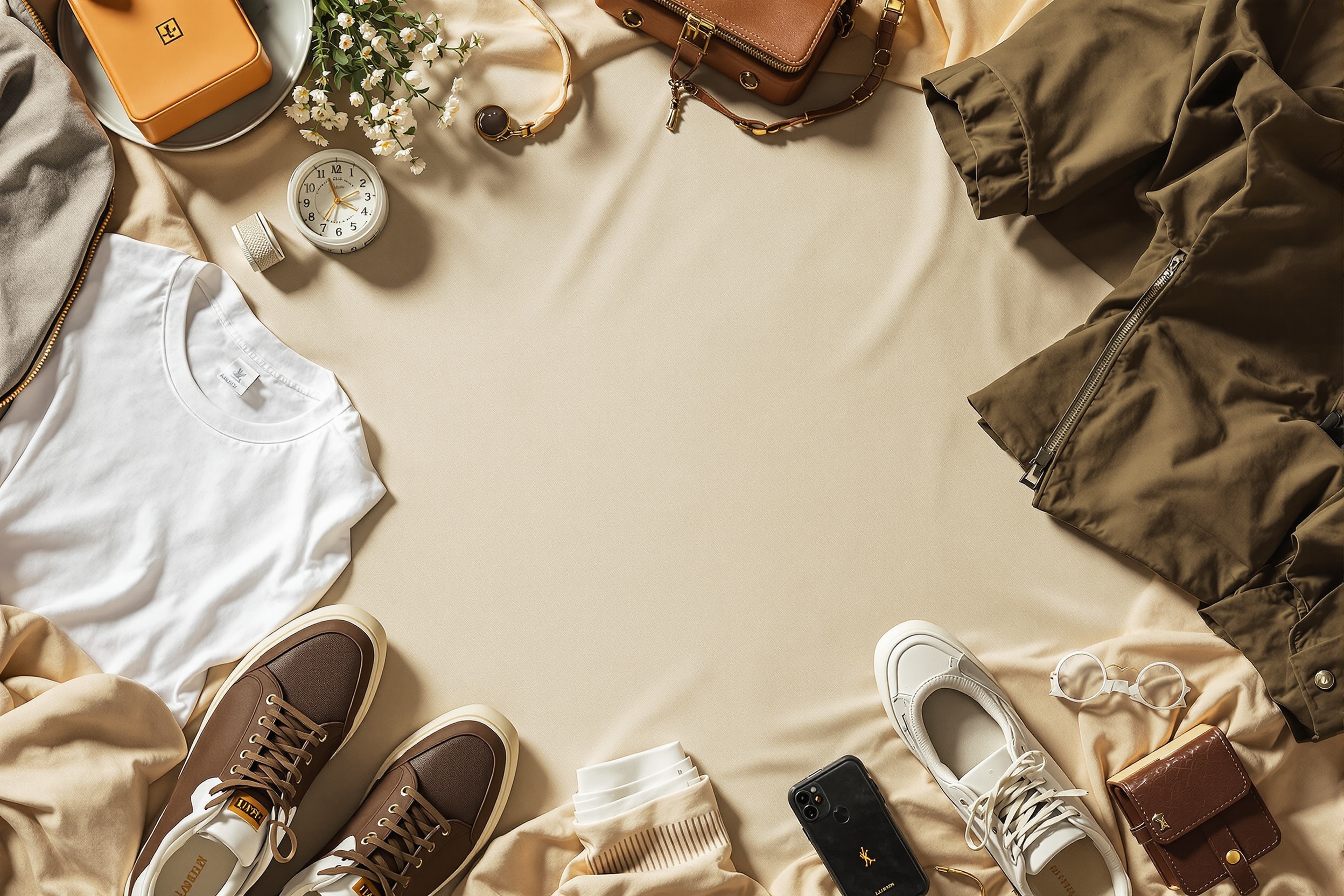 Premium fashion collection flat lay with sneakers hoodies and accessories on warm cream background