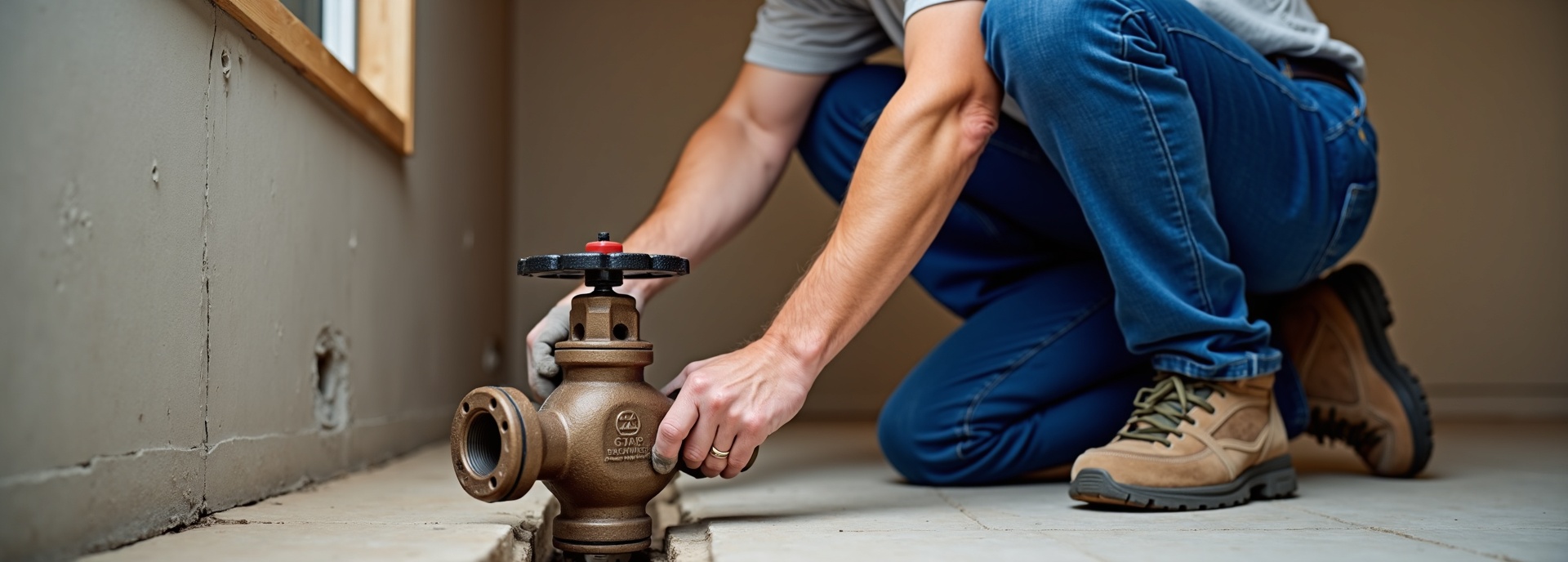 Backwater valve installation on main sewer line in Kamloops home