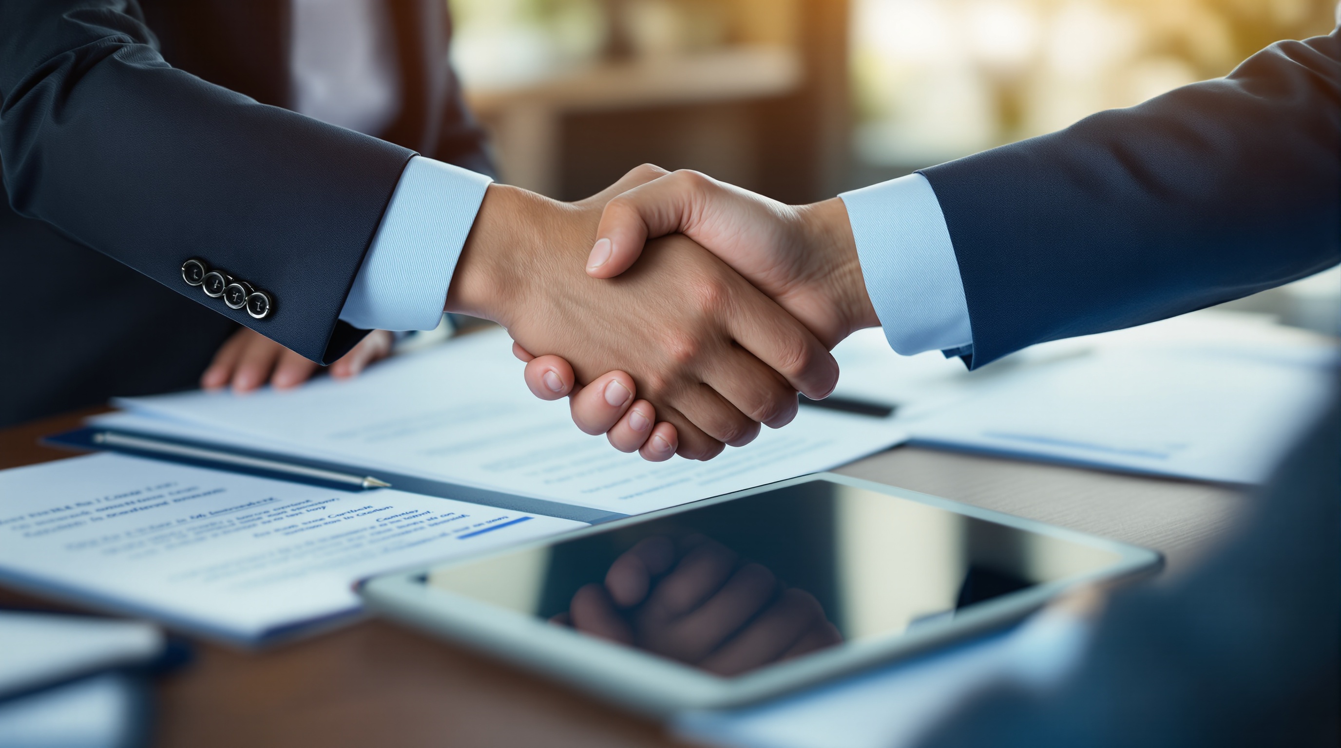 Two people shaking hands over legal documents