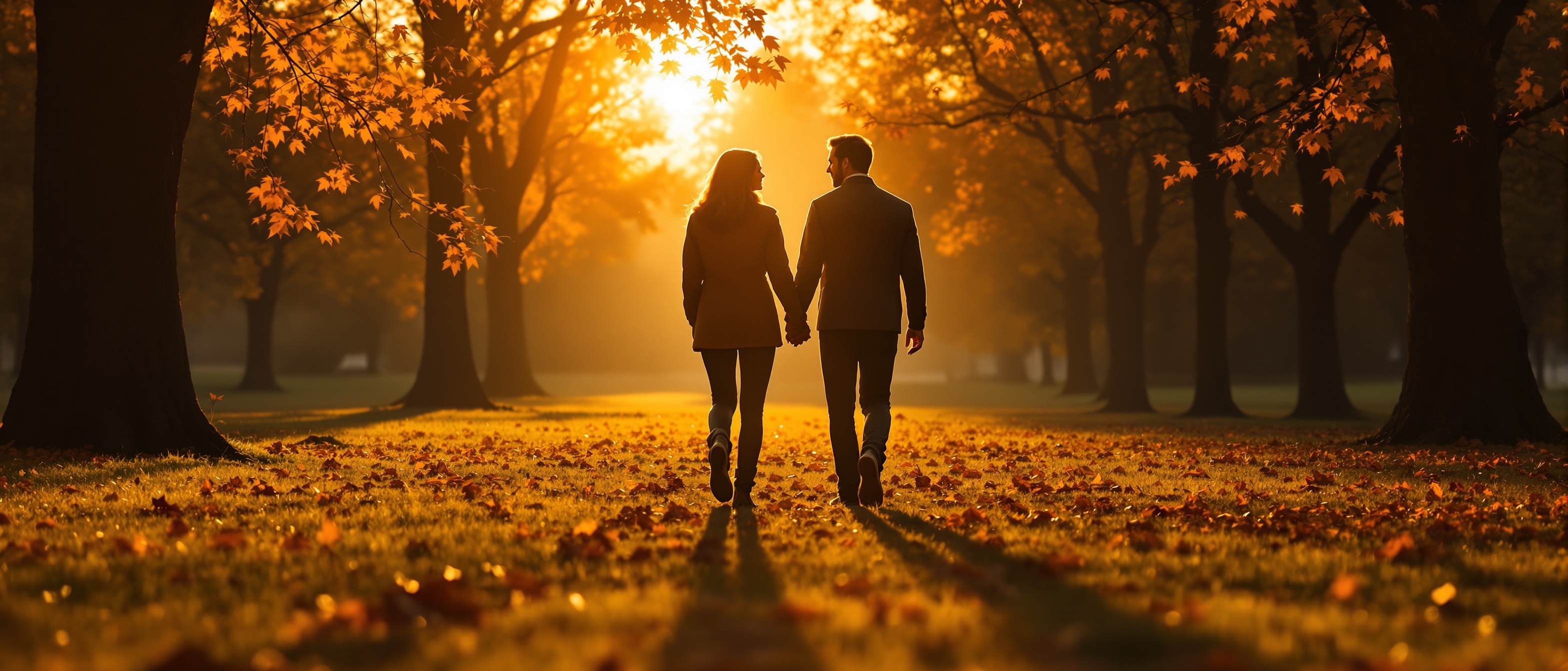 夕暮れの公園を歩く二人のシルエット