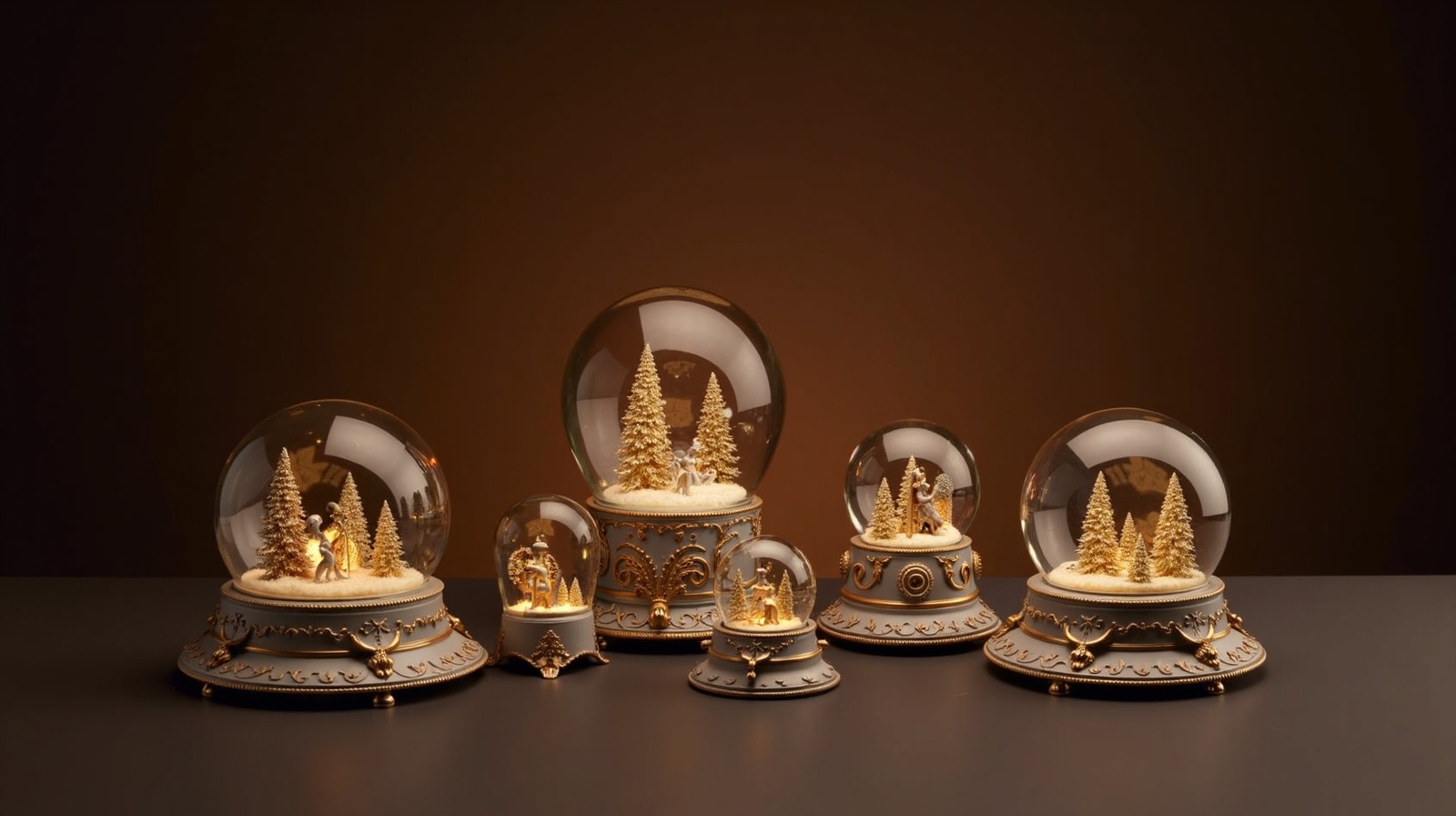 Custom collectibles gallery featuring custom snow globes, custom glass ornaments, and custom resin figurines in a curated arrangement