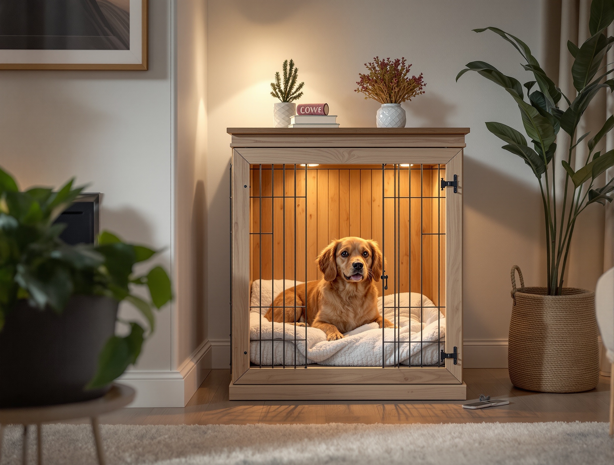 Well-placed dog kennel in living room corner