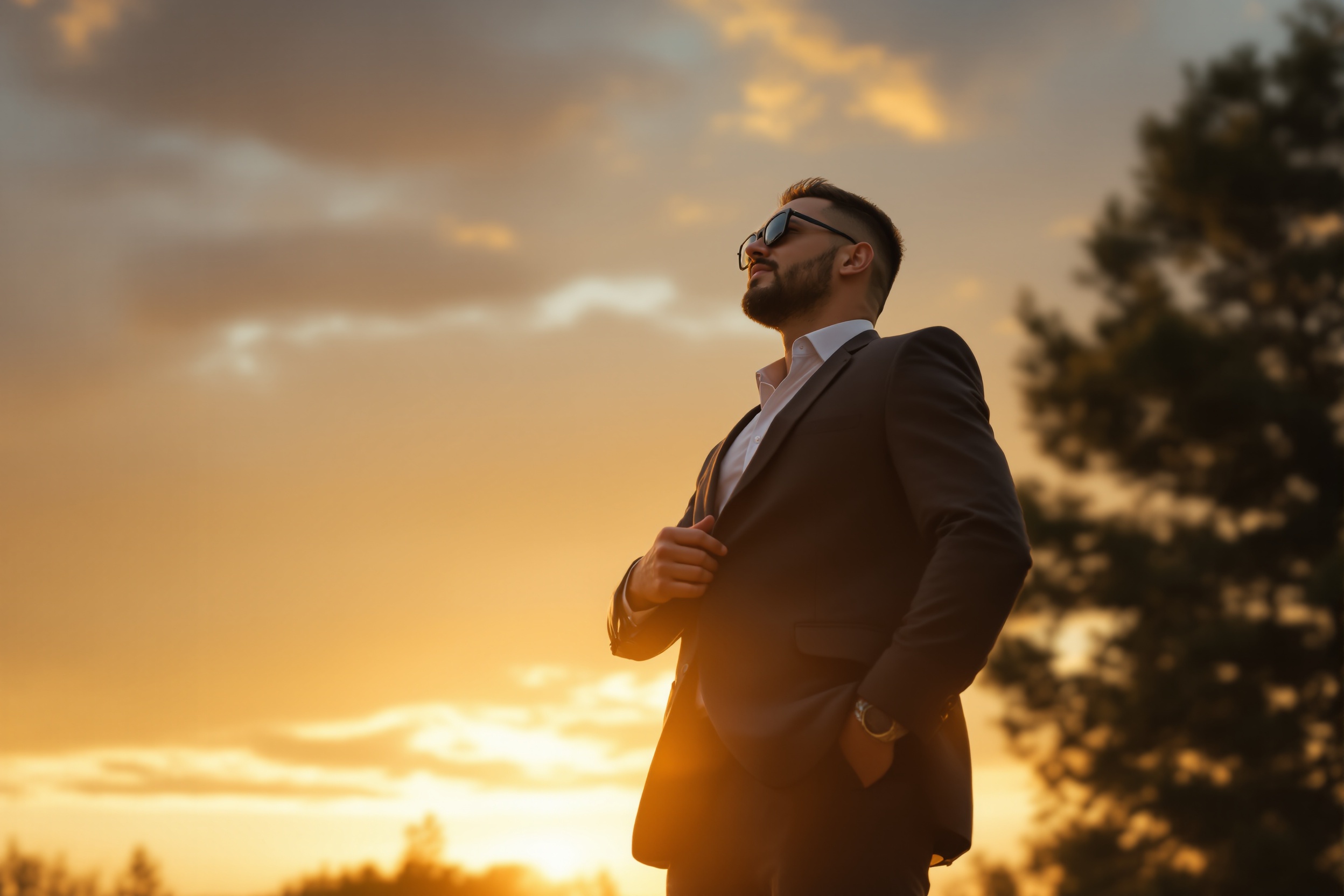Successful business owner experiencing freedom at golden hour