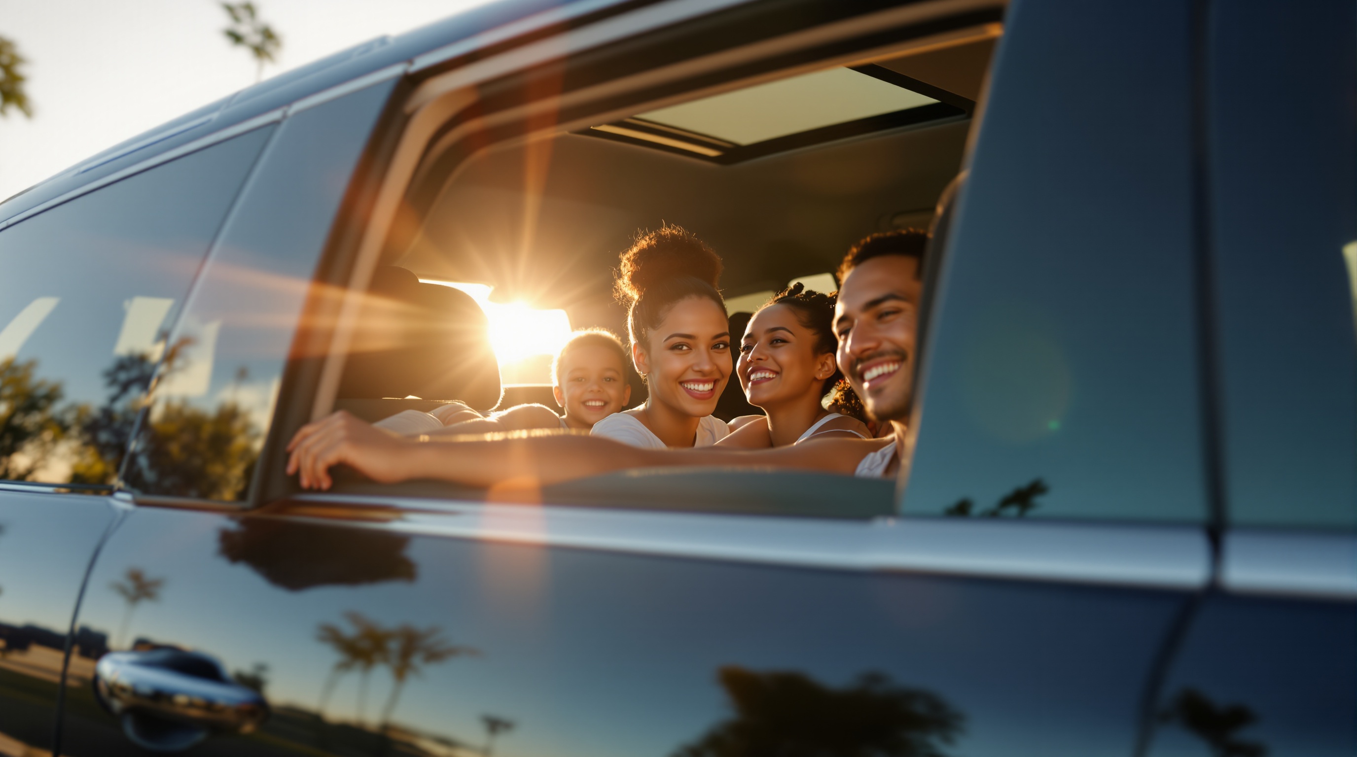 Família brasileira feliz dentro do veículo de transfer em Orlando