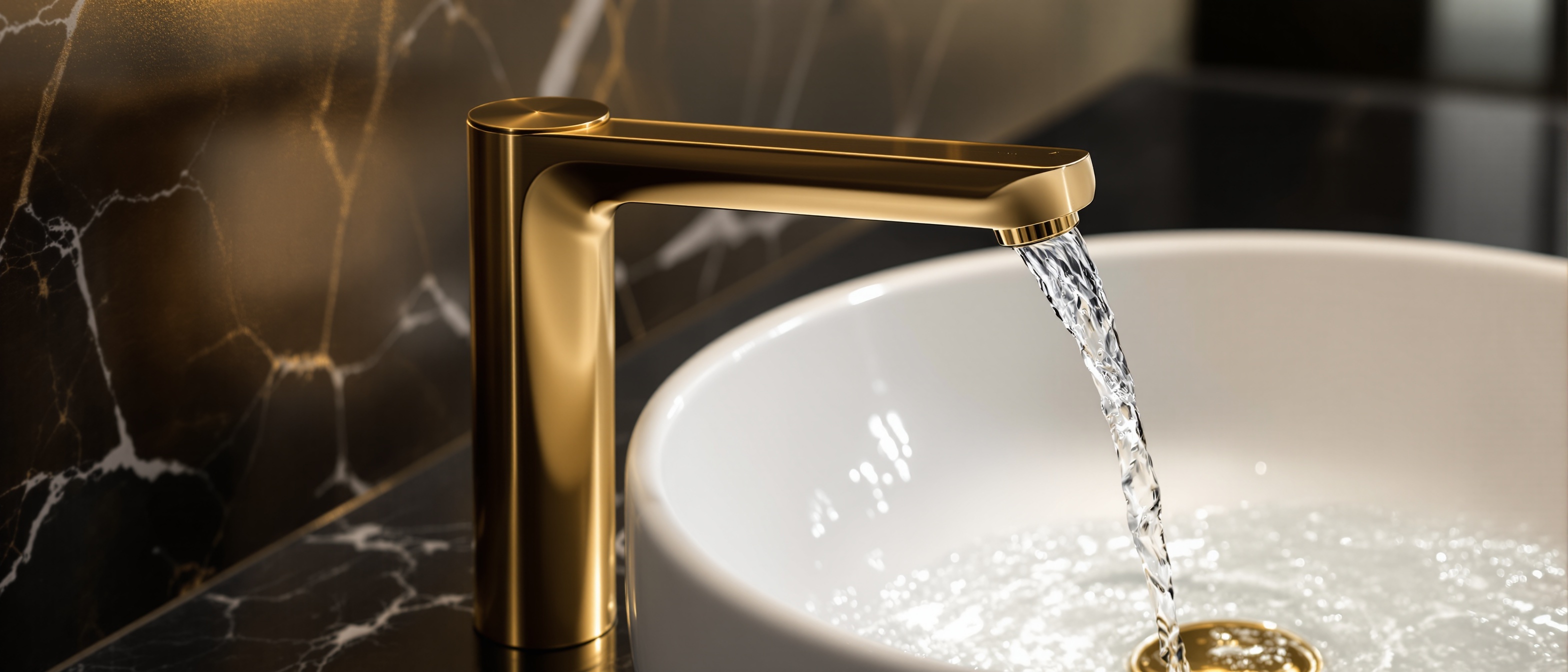Brushed gold basin mixer on dark marble