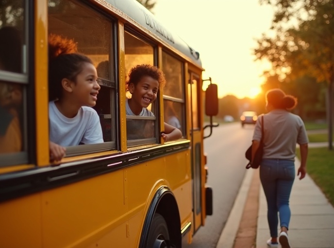 Children riding the school bus and getting safely dropped off at home