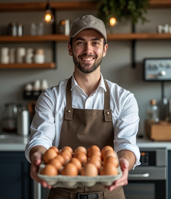 Cafe owner receiving egg delivery