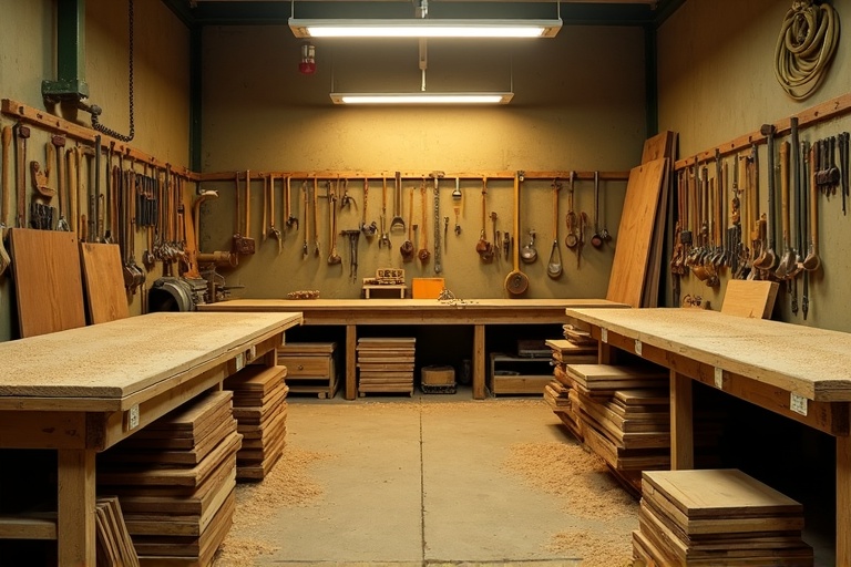 Real woodworking shop with lumber, tools, and warm overhead lighting