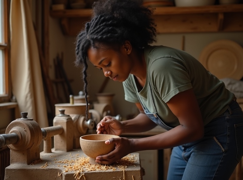 Woman woodworker crafting bowl on lathe