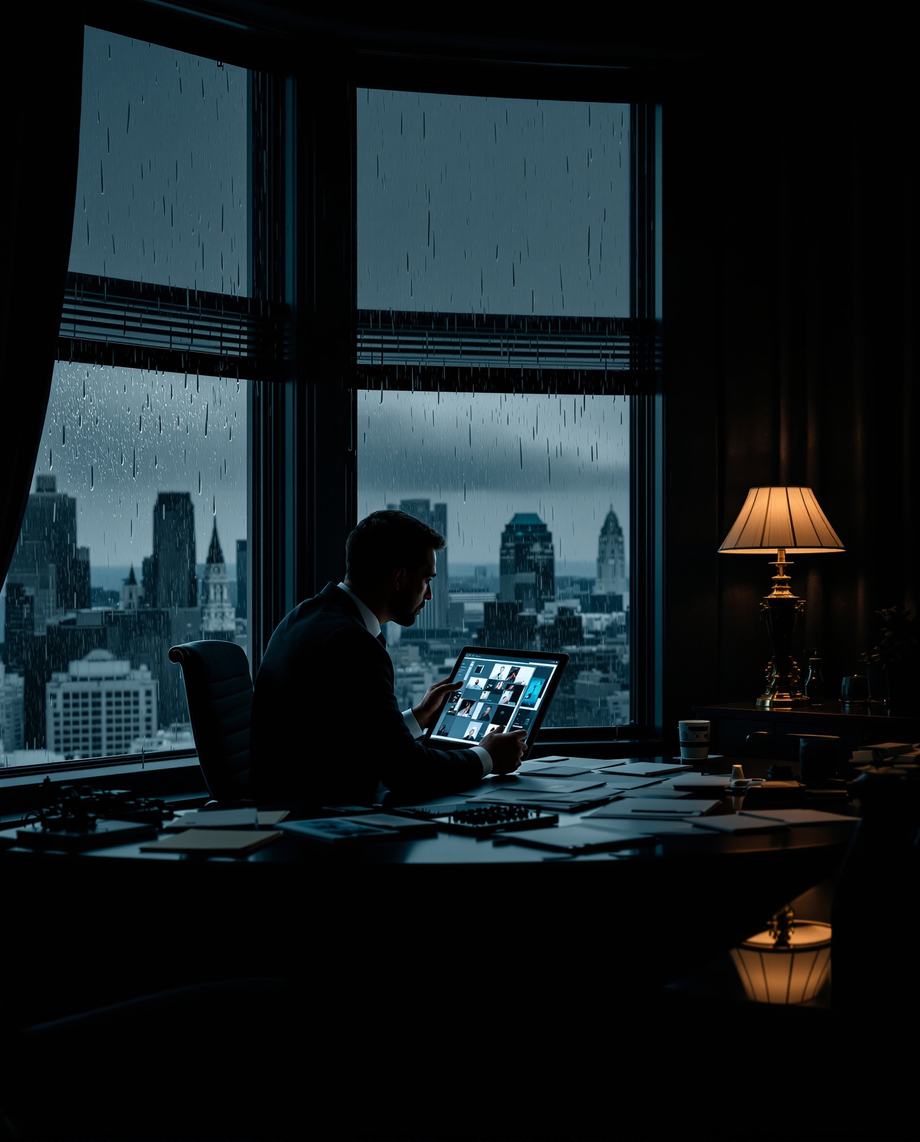 Experienced private investigator reviewing case files