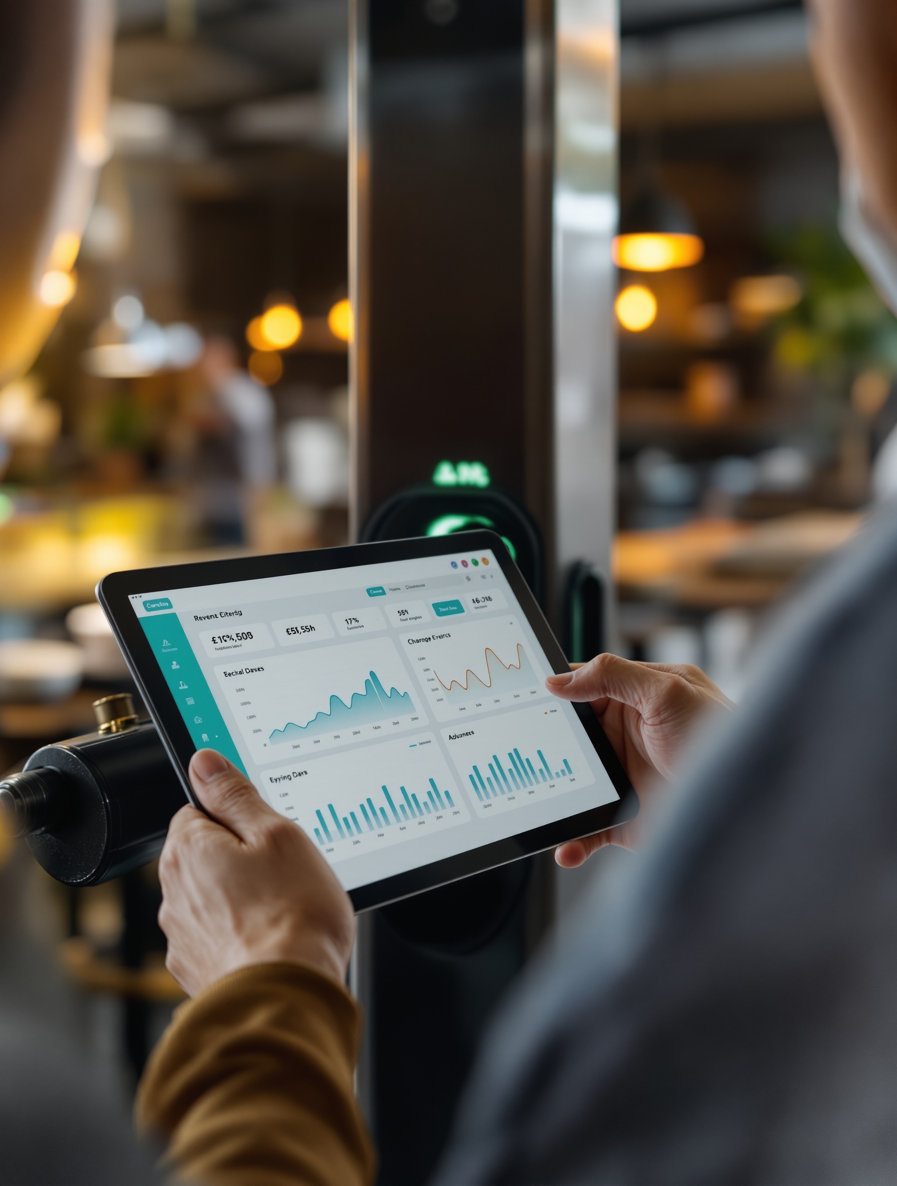 Small business owner monitoring VoltBeacon OCPP charging station revenue