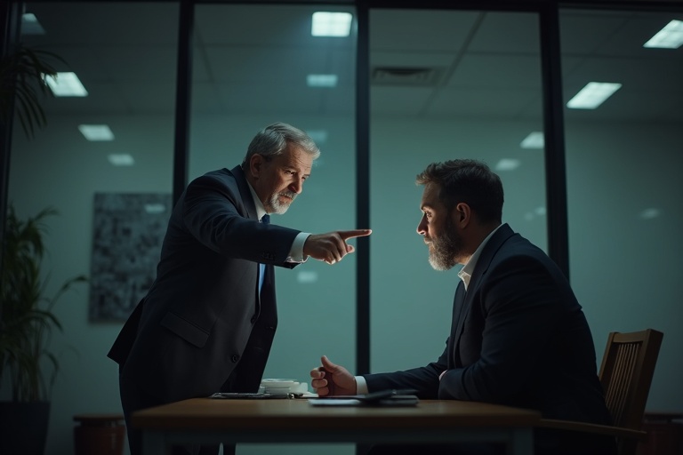 Manager yelling at employee at desk