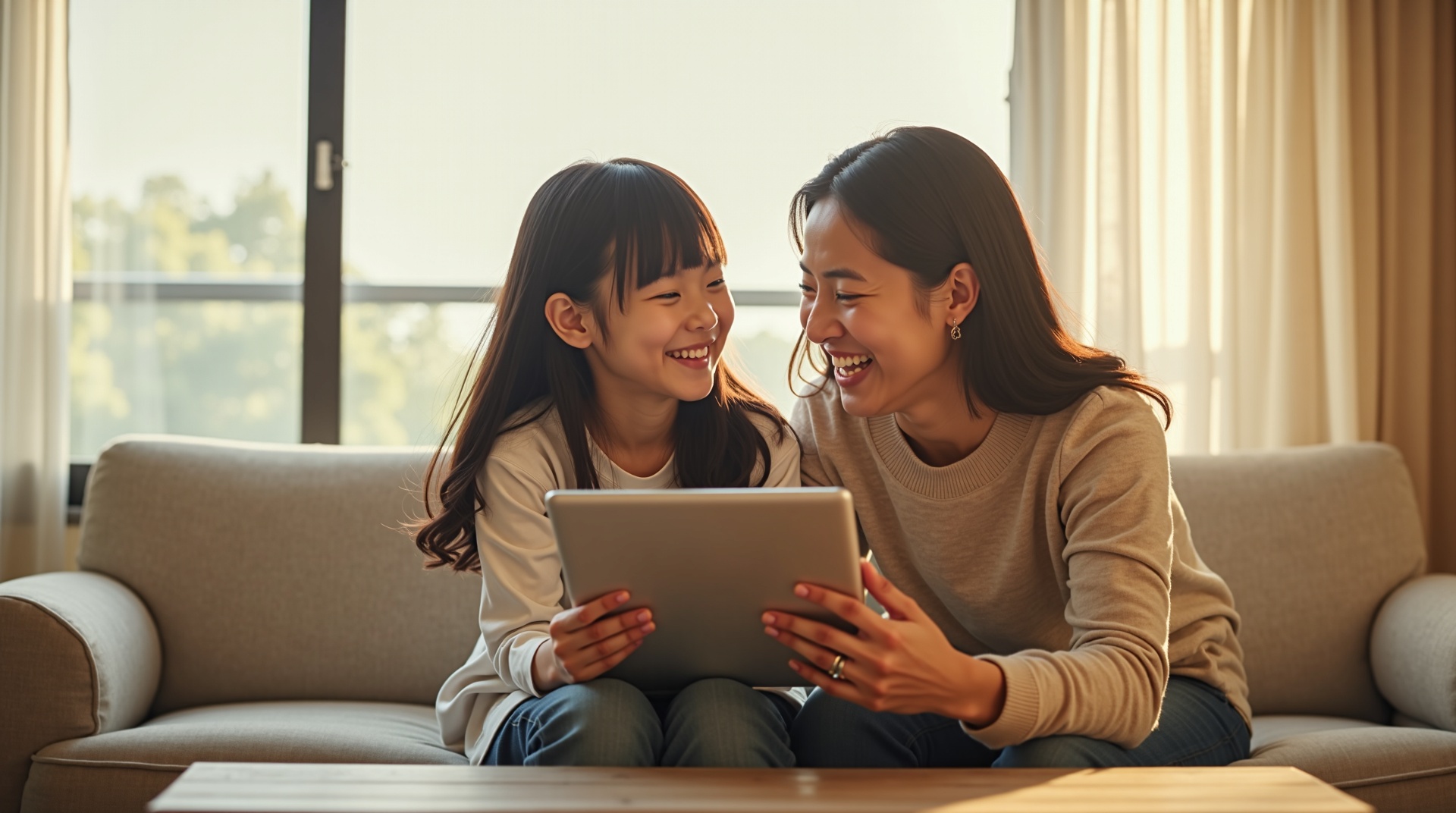 親子で楽しくタブレットを見る様子