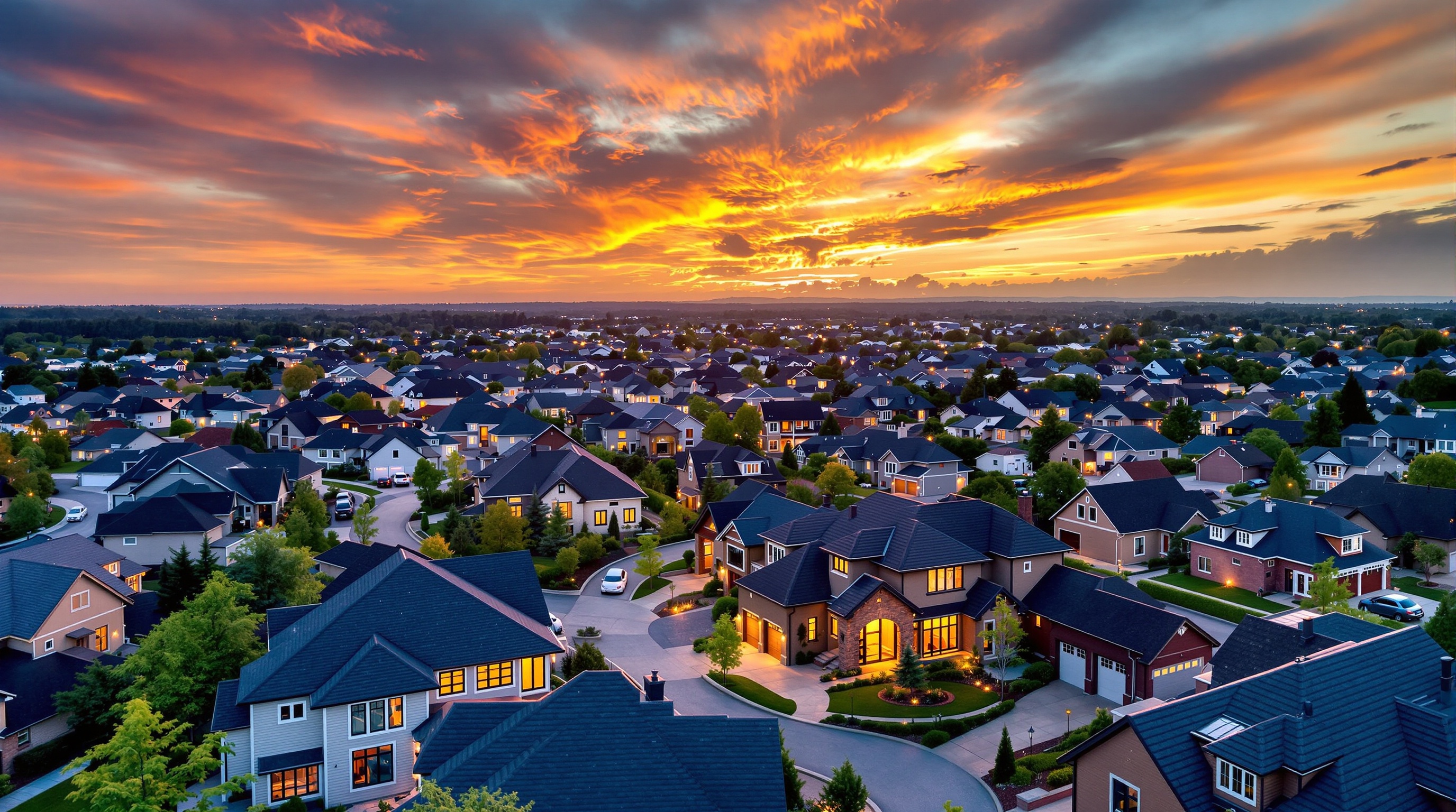 Solar panels on residential rooftops at sunset