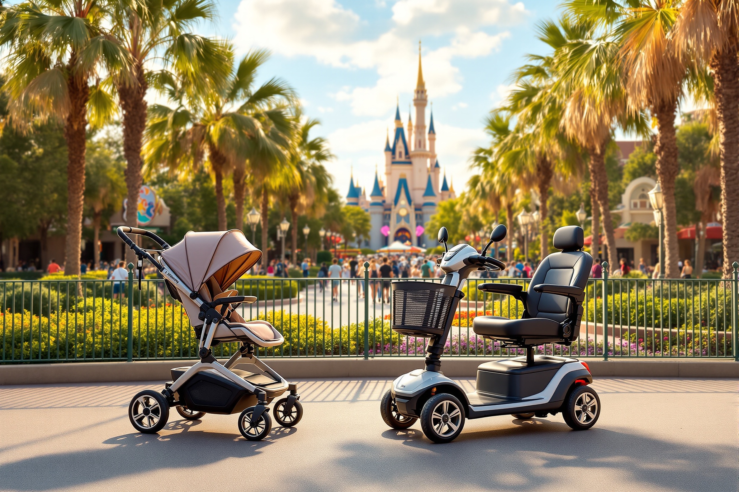 Carrinho de bebê e scooter elétrico nos parques de Orlando — Comigo em Orlando