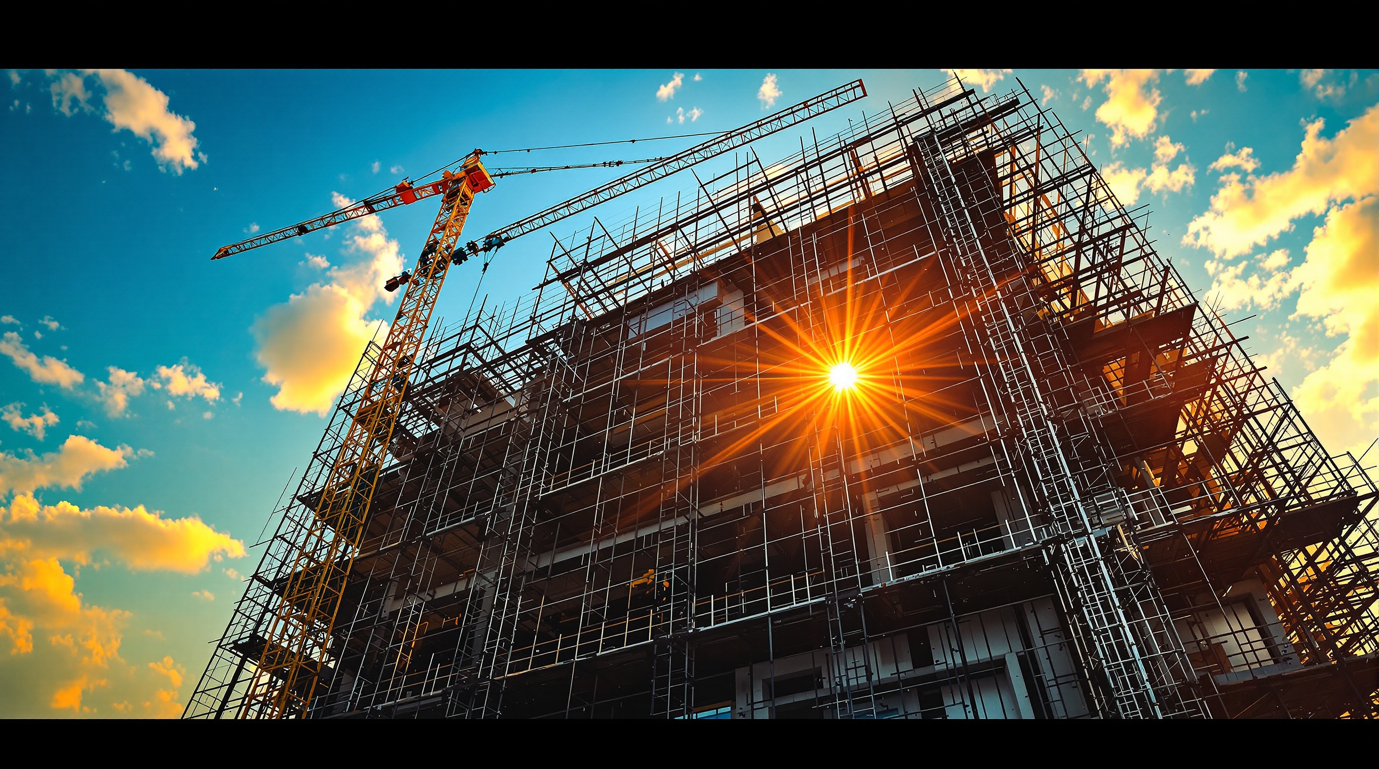 Extensive steel scaffolding framework on a modern Singapore building at golden hour