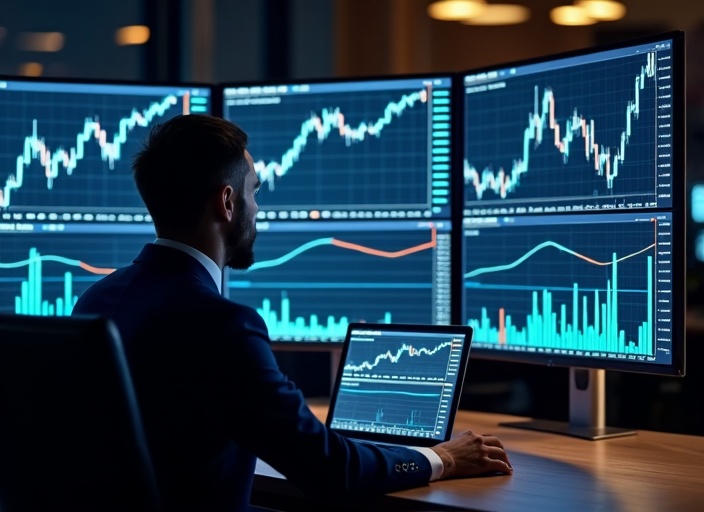 Salle de trading professionnelle GE SCF avec graphiques candlestick, scalping et day trading sur actions CAC 40 et S&P 500