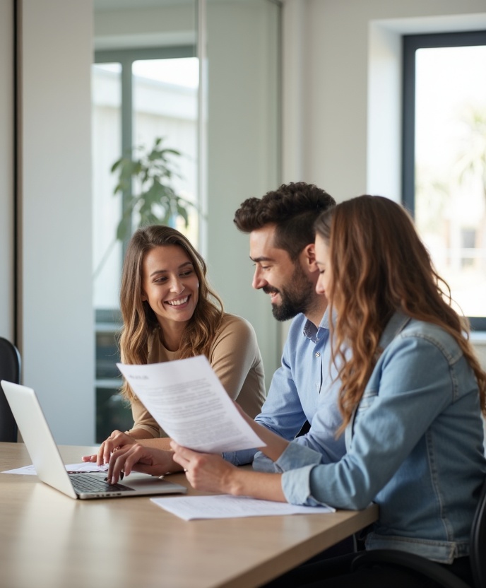 Consultor de financiamento automotivo explicando opções de crédito para cliente no Rio de Janeiro