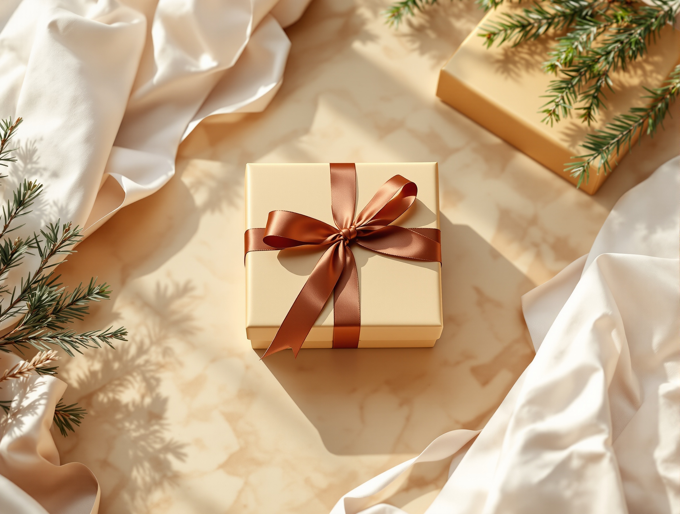 Holiday gift box with ribbon and festive decorations on marble surface