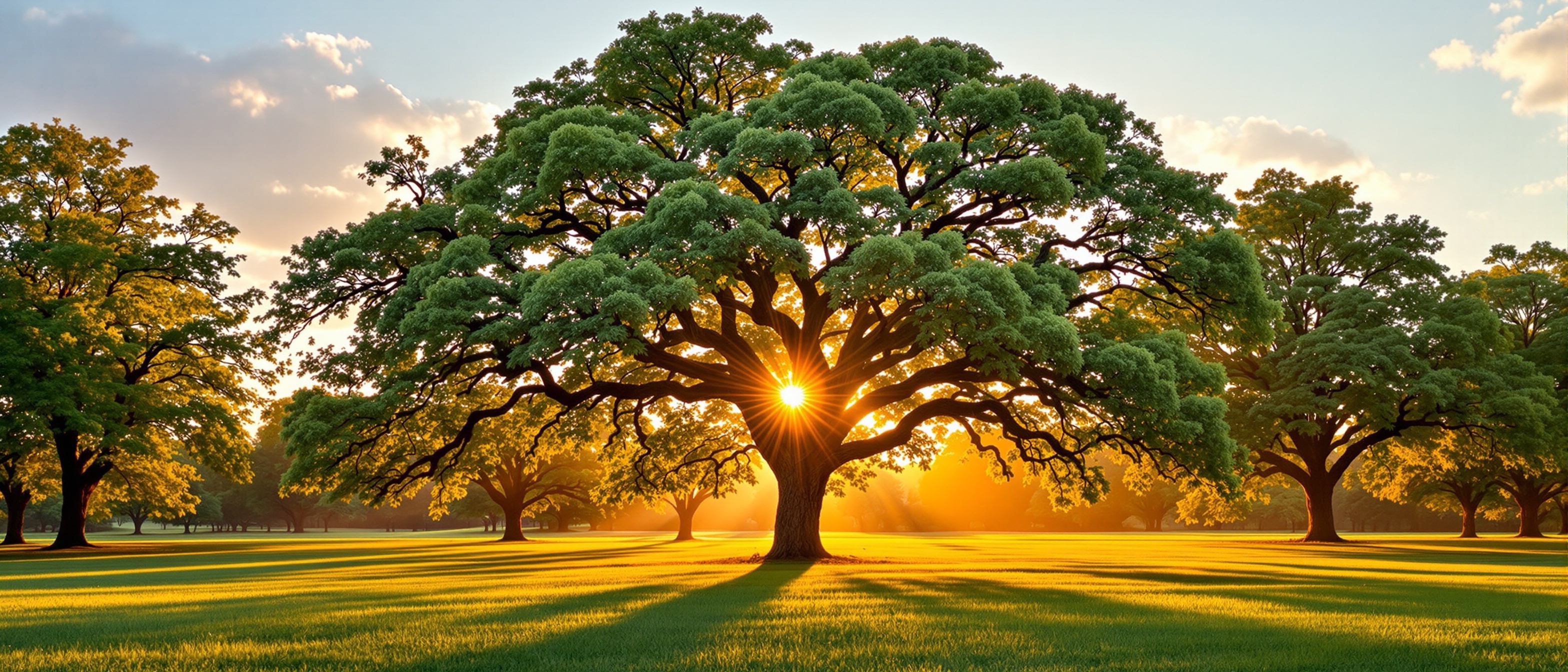 Oak tree grove at sunset