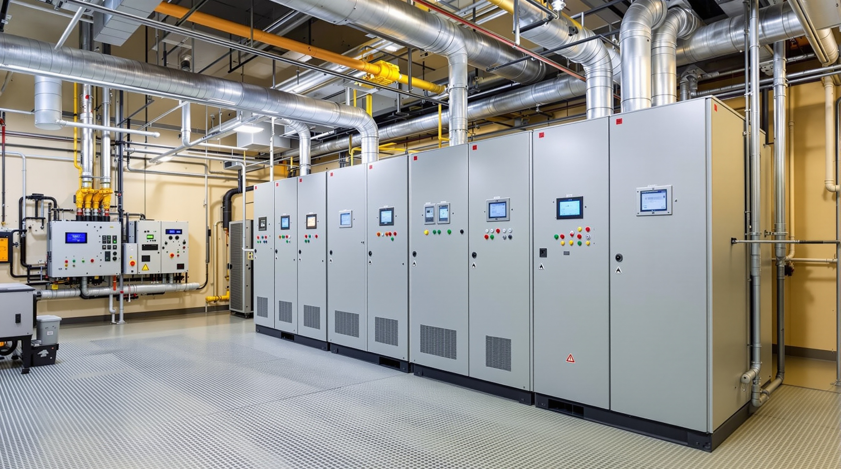 Industrial plant room with electrical switchgear showing moisture and ventilation issues that cause inverter failure in Manchester