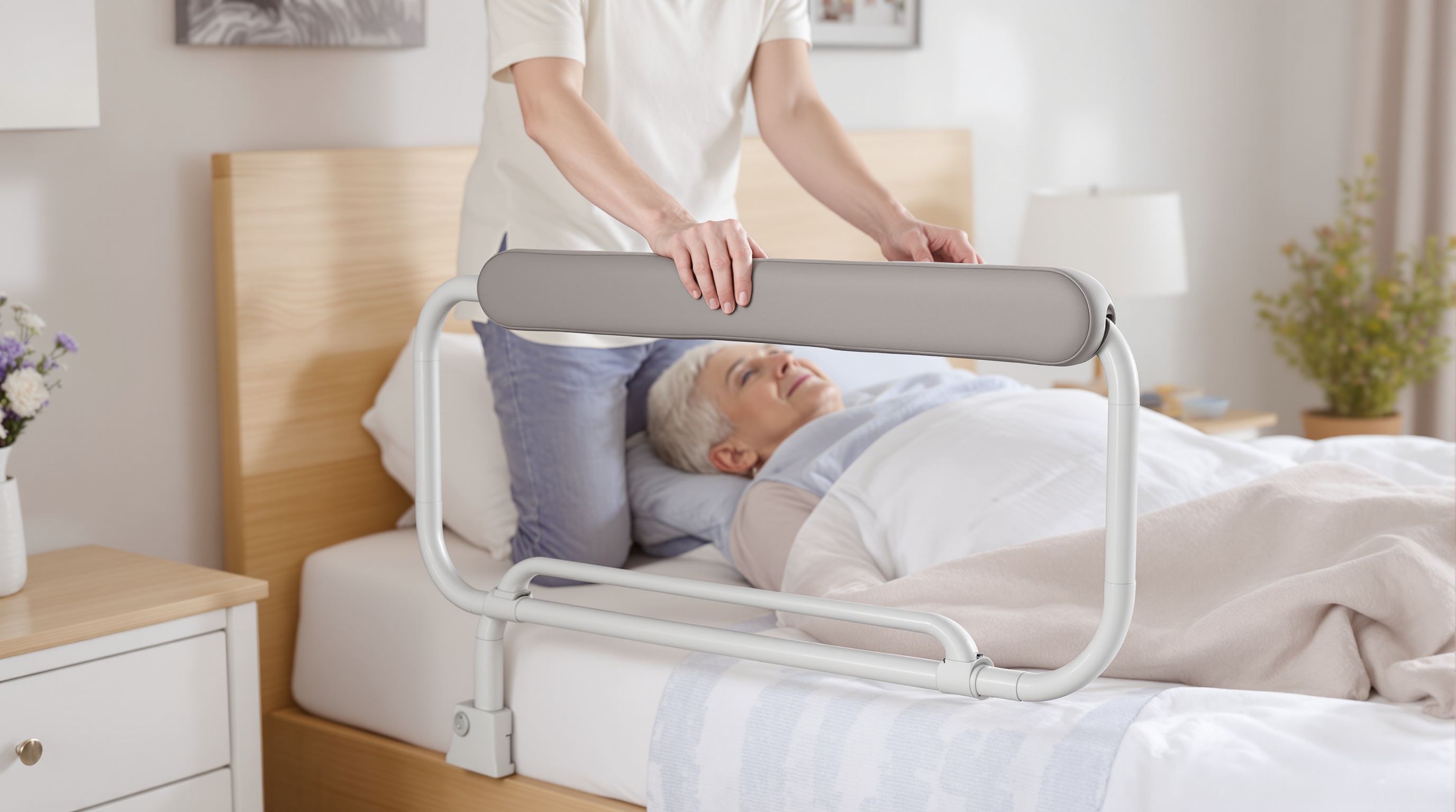 Bed assist handle helping senior stand from bed
