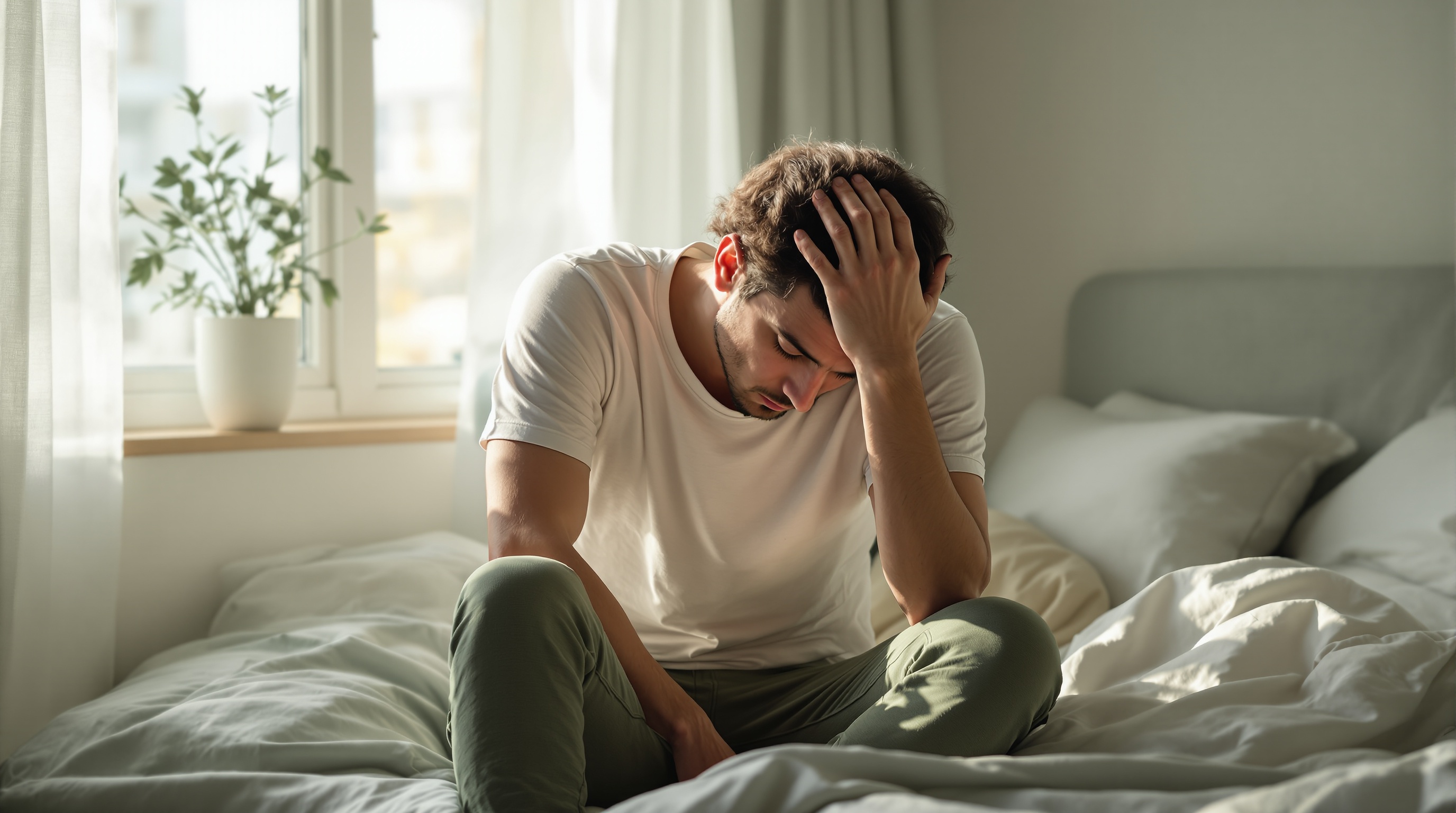 Person waking up tired in morning light despite sleeping 8 hours