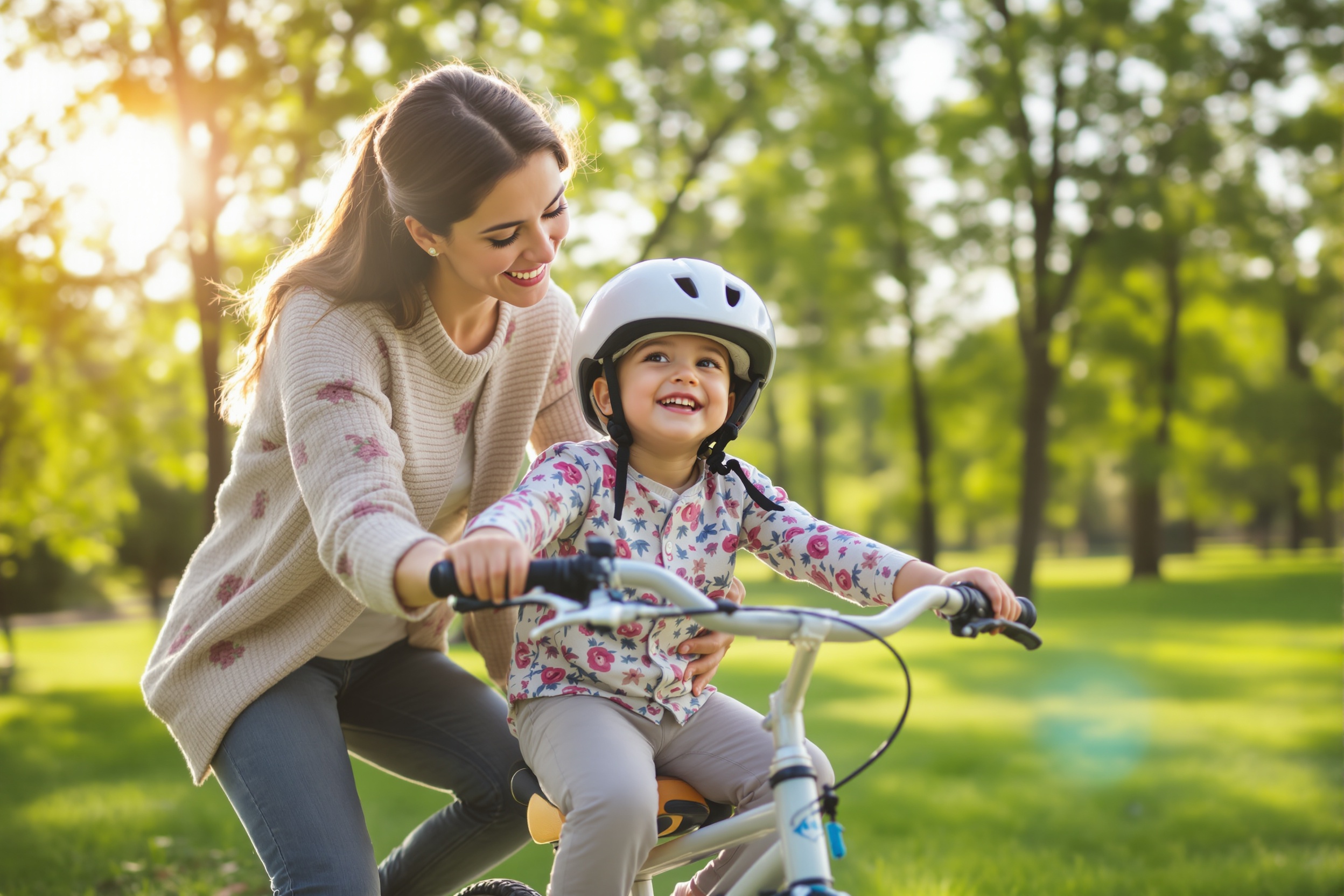 Mother helping child learn to ride a bike