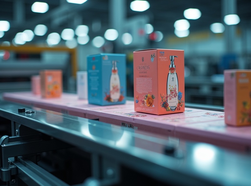 Nowoczesna drukarnia cyfrowa opakowań - maszyna drukarska produkująca kolorowe pudełka kartonowe na kosmetyki i żywność, profesjonalna linia produkcyjna z drukowanymi opakowaniami produktowymi