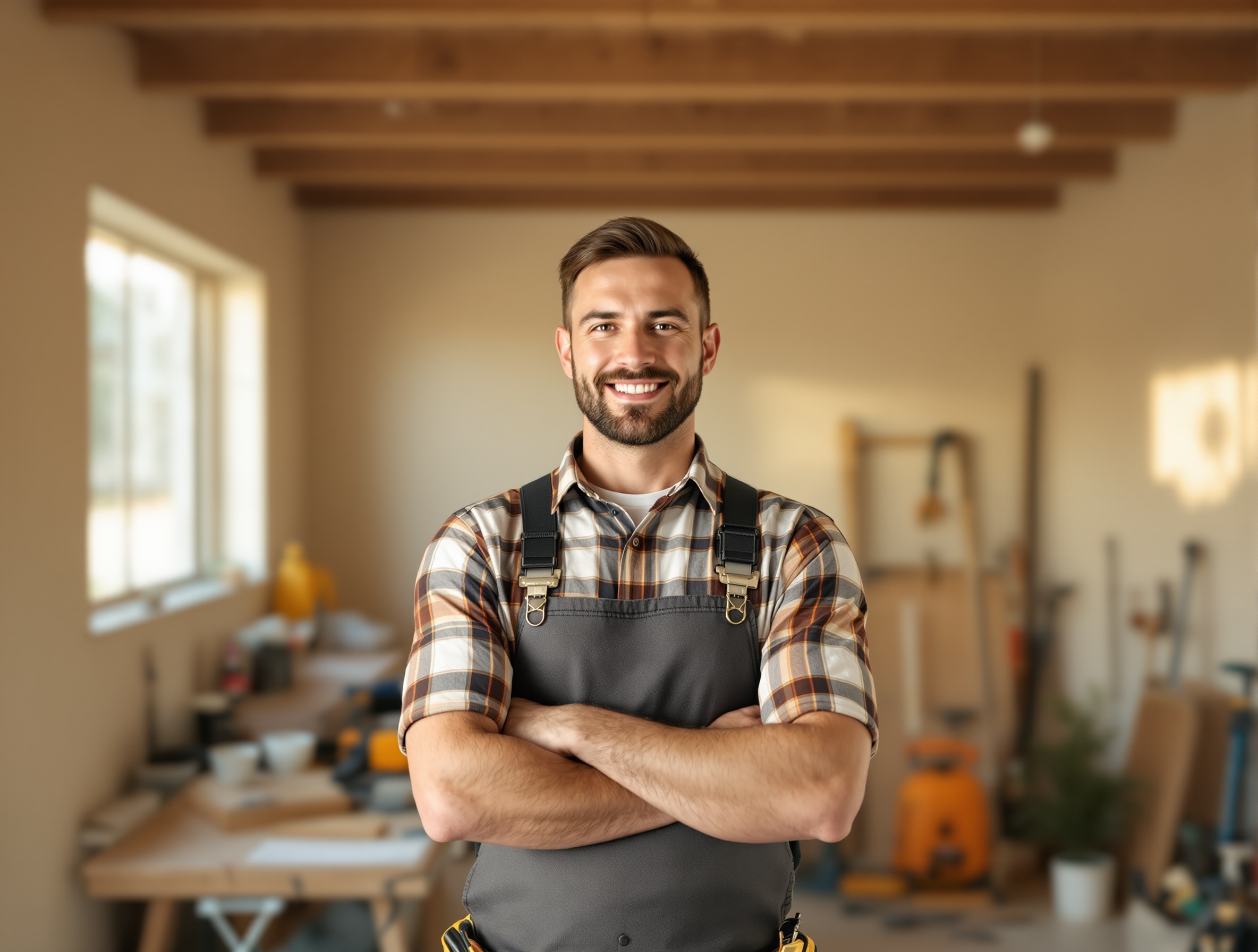 Professional handyman in renovated kitchen