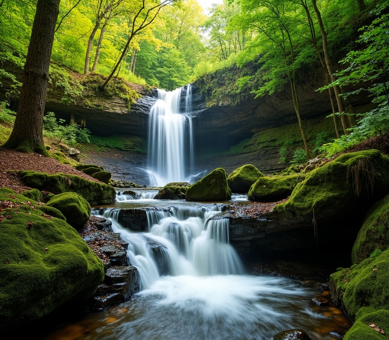 Glen Falls waterfall cascading through forest in Highlands NC