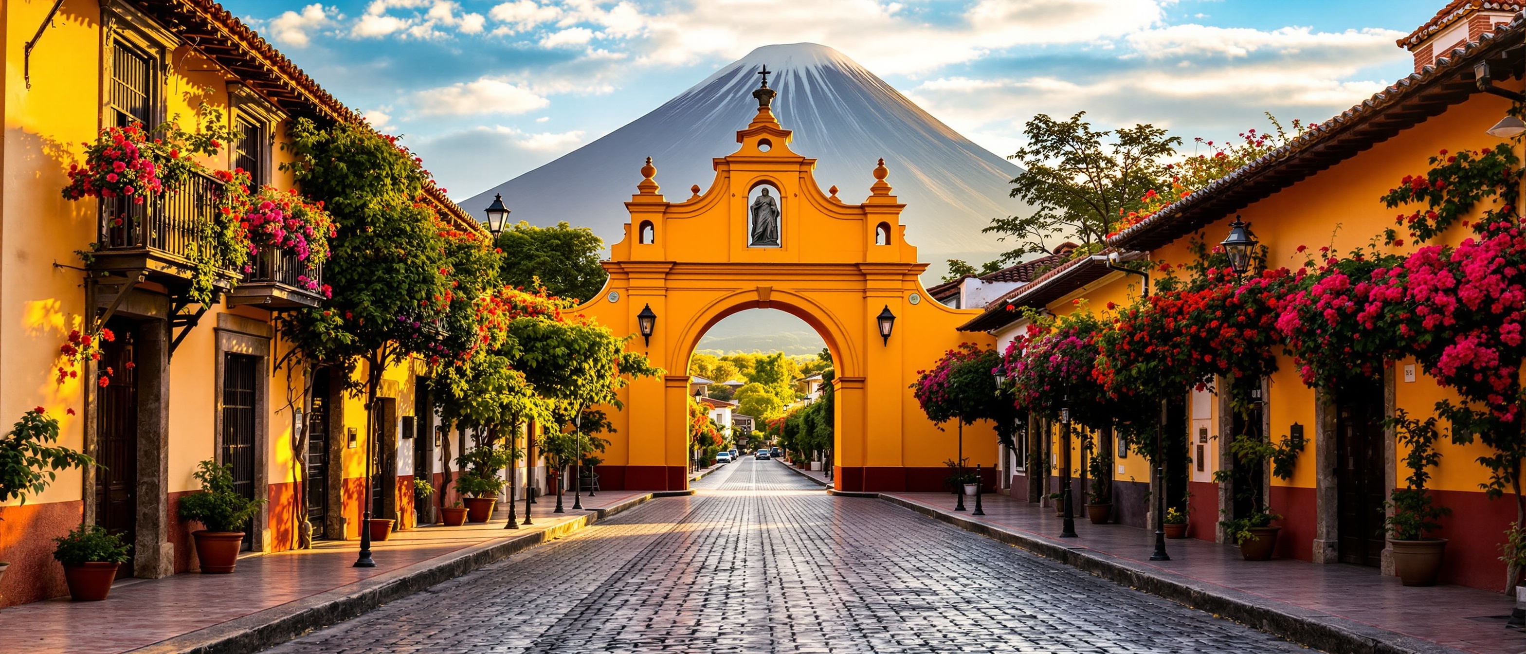 Antigua Guatemala colonial arch and Agua volcano at golden hour