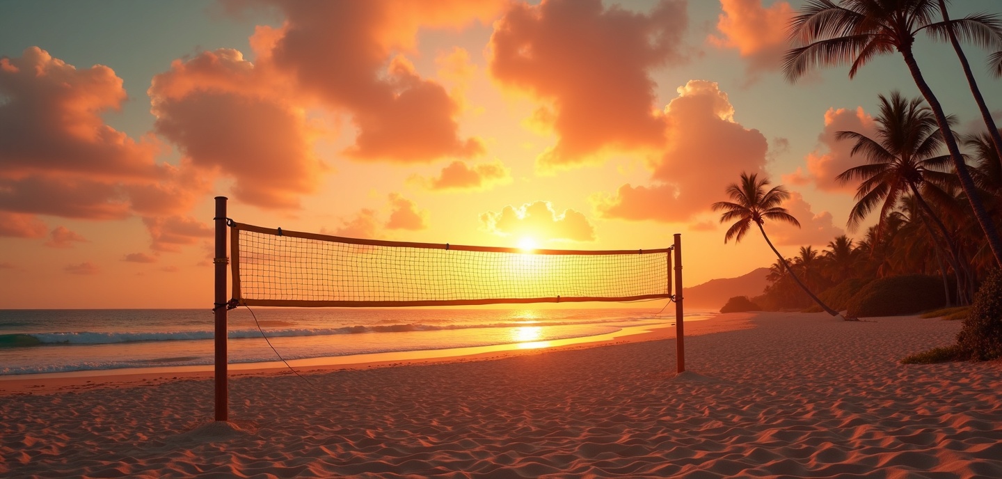 Beach volleyball court at sunset