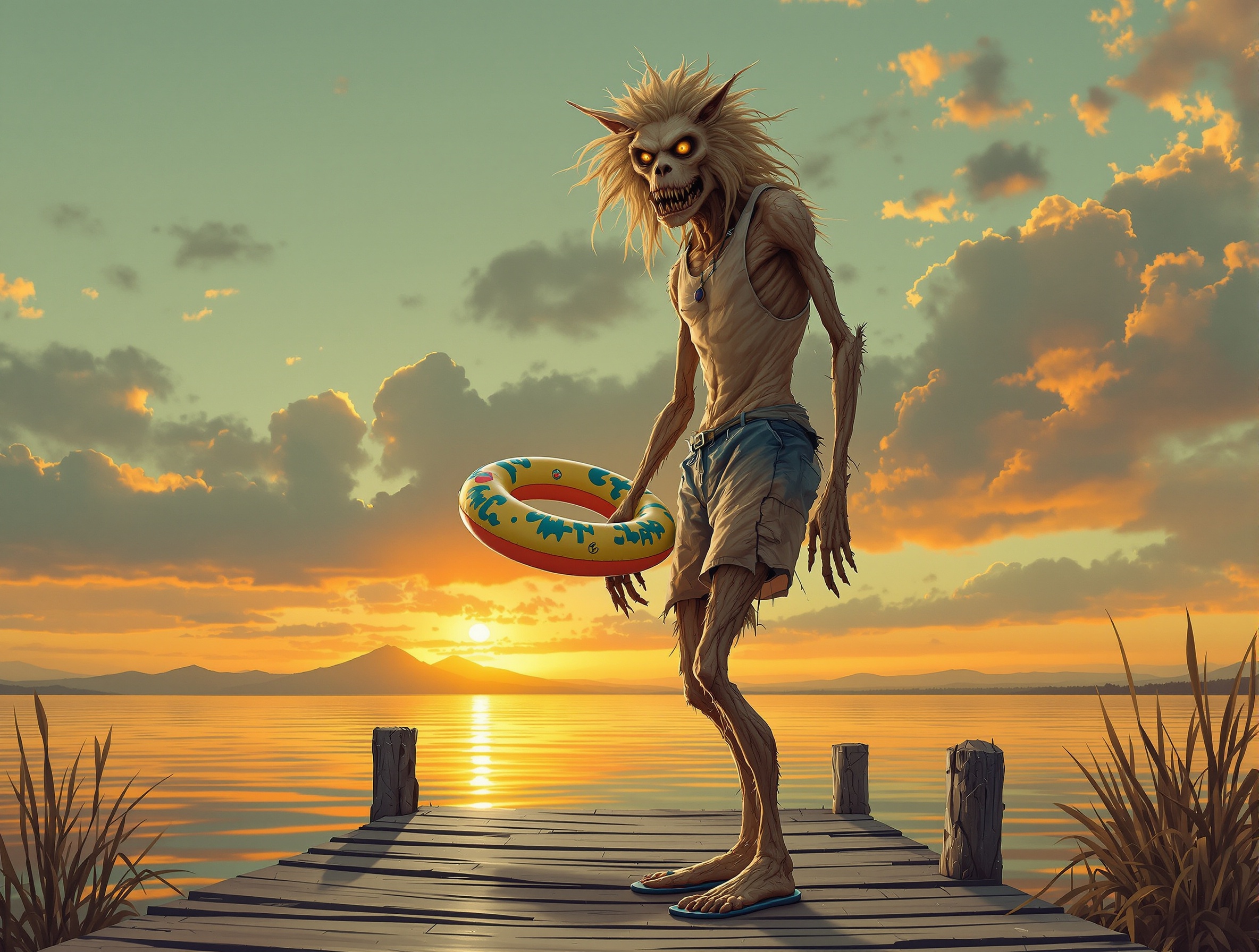 Skinny Semi the desert skinwalker standing on the BSS Kittie dock at sunset wearing cargo shorts and holding an inflatable float