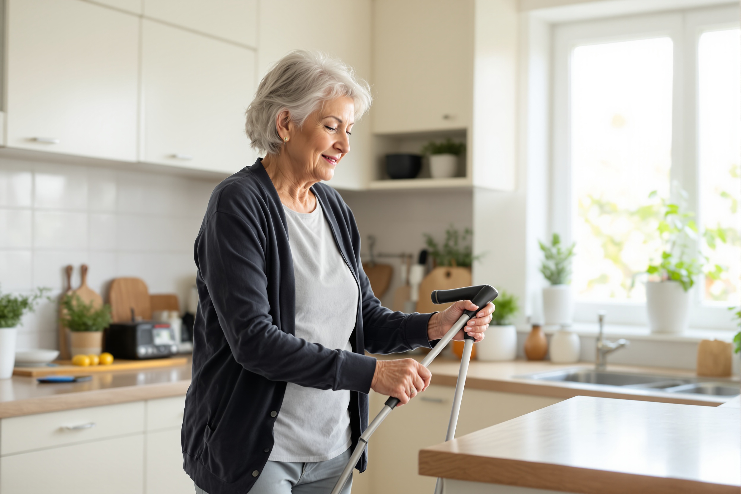 Senior using cane during balance exercise