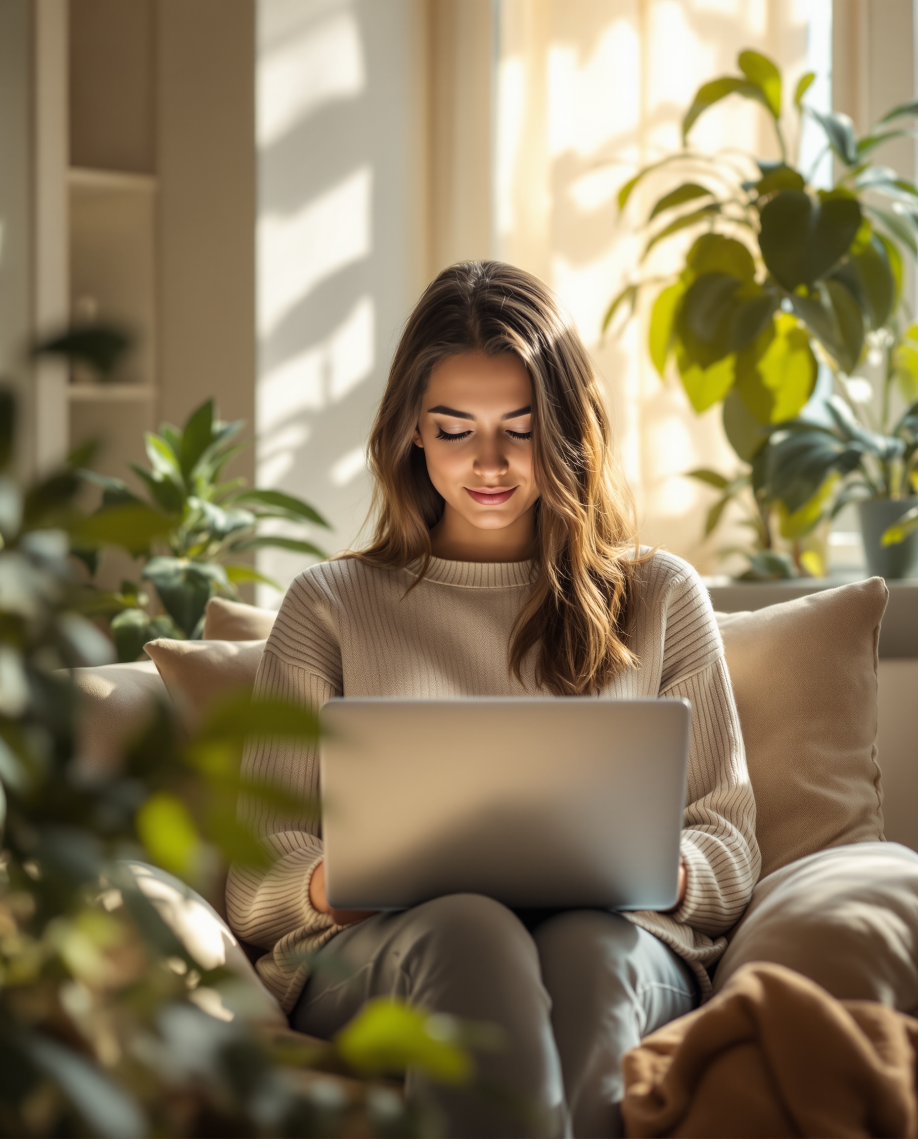 Person in comfortable home setting
