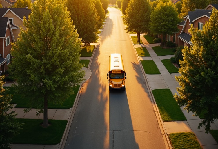 School bus on optimized route through suburban neighborhood