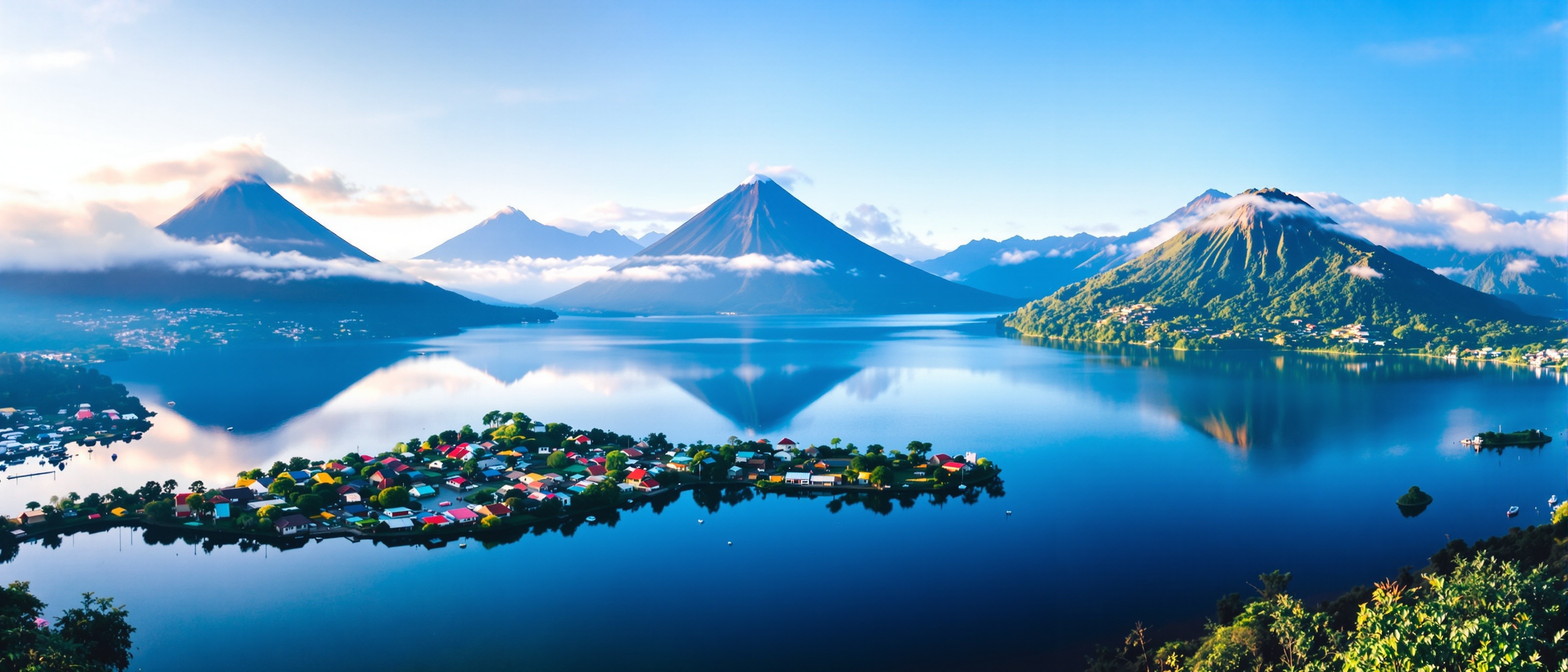 Panoramic view of Lake Atitlán Guatemala with three volcanoes — San Pedro, Tolimán, and Atitlán — reflected in the deep blue water at sunrise