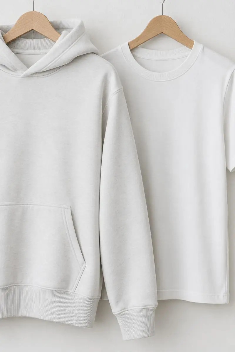 Plain unbranded hoodie and T-shirt hanging on wooden hangers against an ice-white wall.