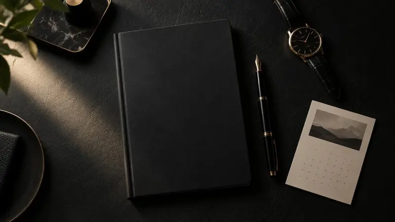 Scrivania scura con quaderno, penna stilografica, orologio e calendario