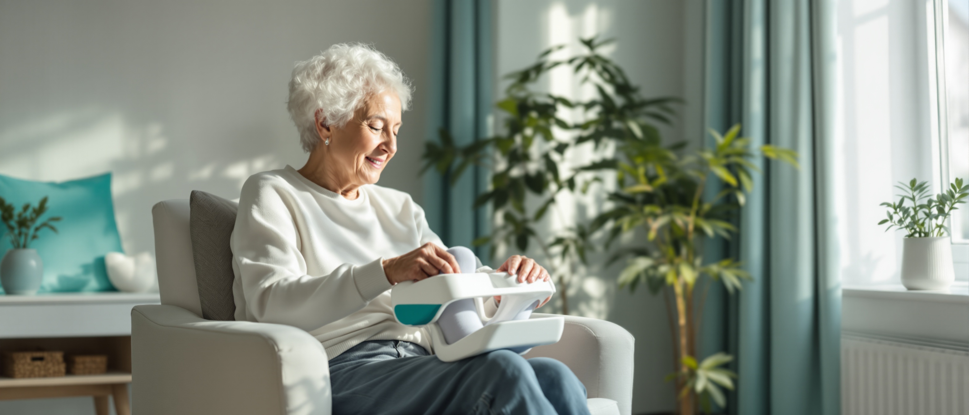 Senior woman using a sock aid device independently at home