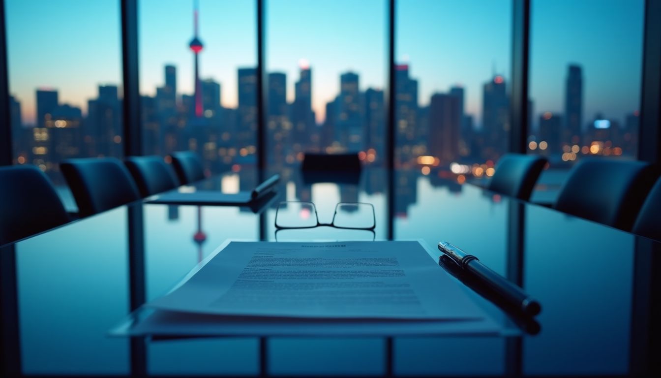 Case Conference Brief on boardroom table with Toronto skyline