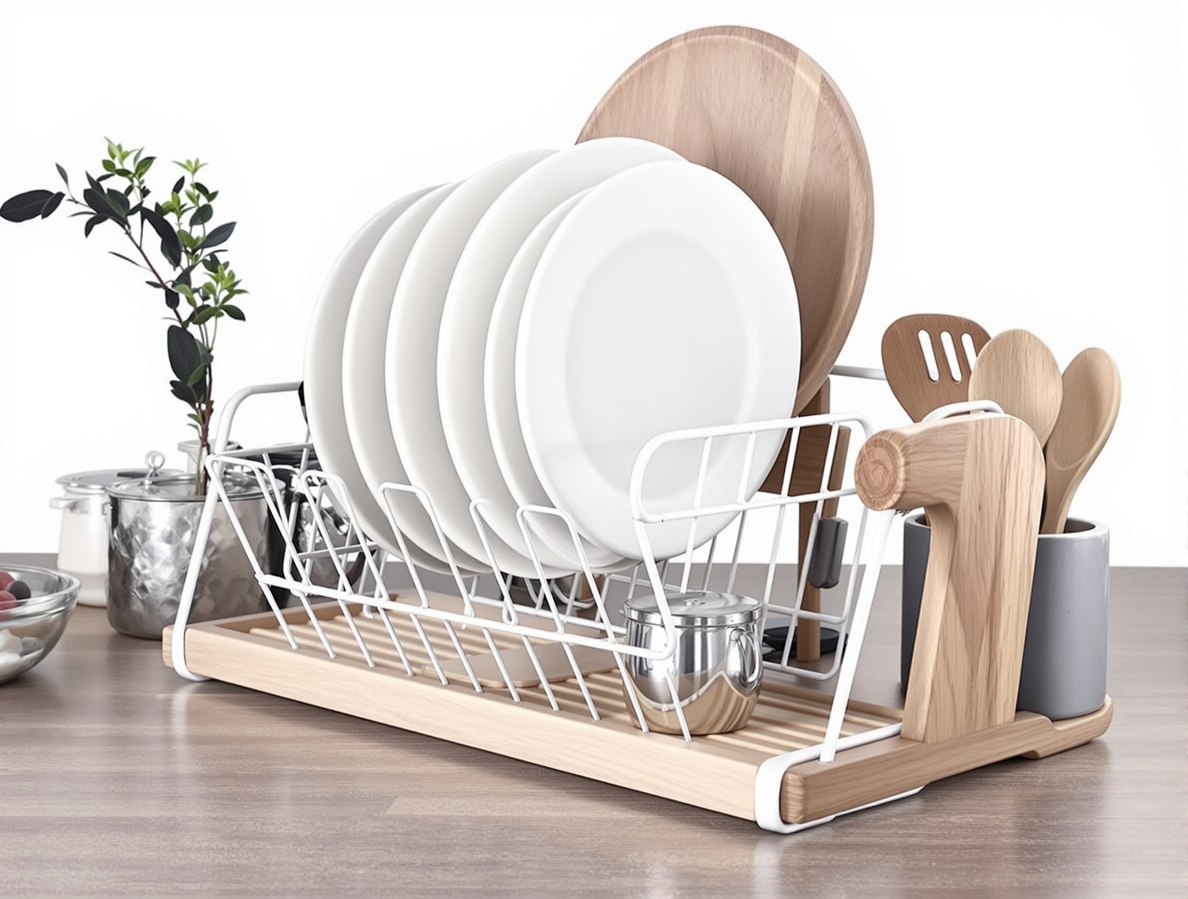 Yamazaki Home Tosca Dish Rack — White Steel + Wood