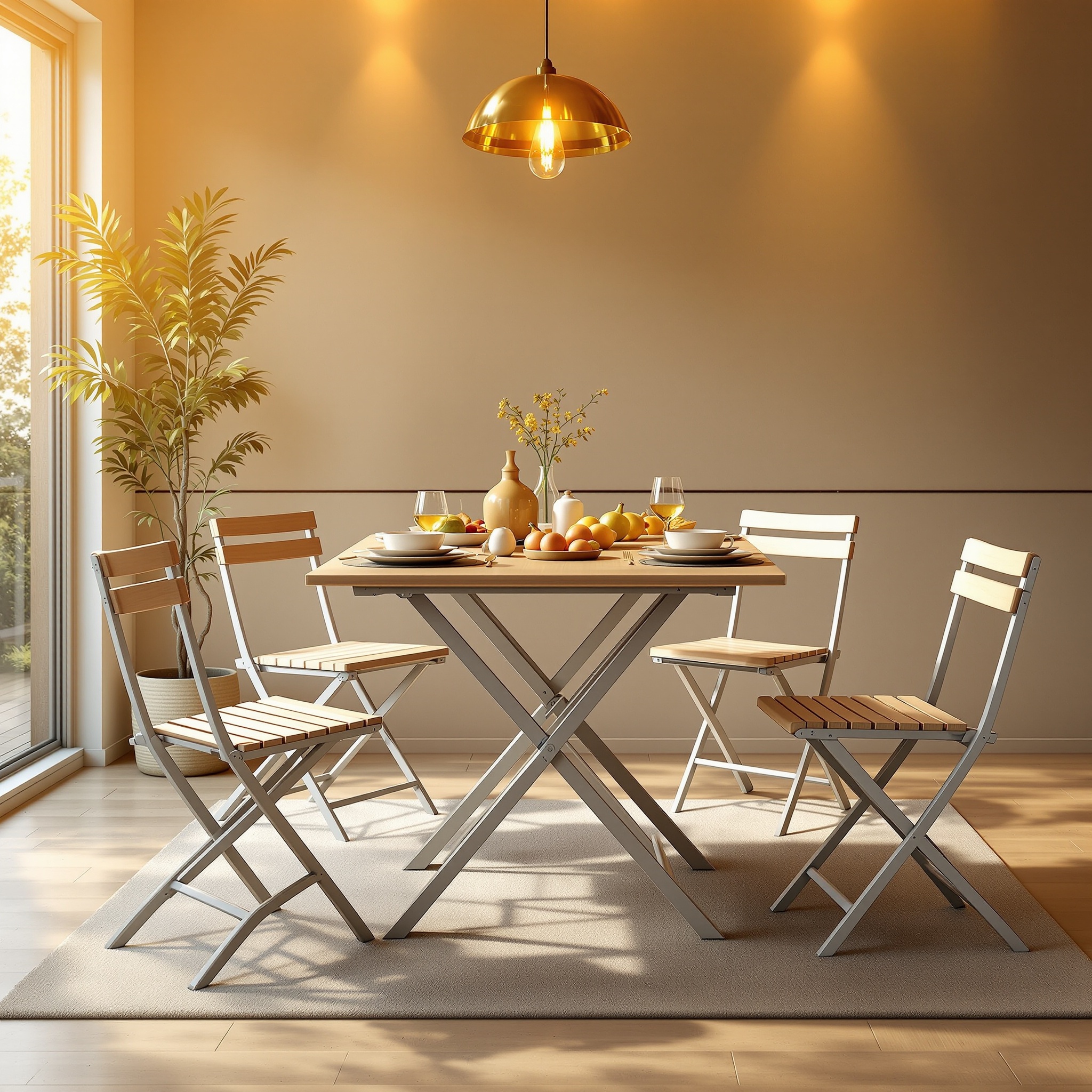 Mesa e cadeiras dobráveis em ambiente moderno