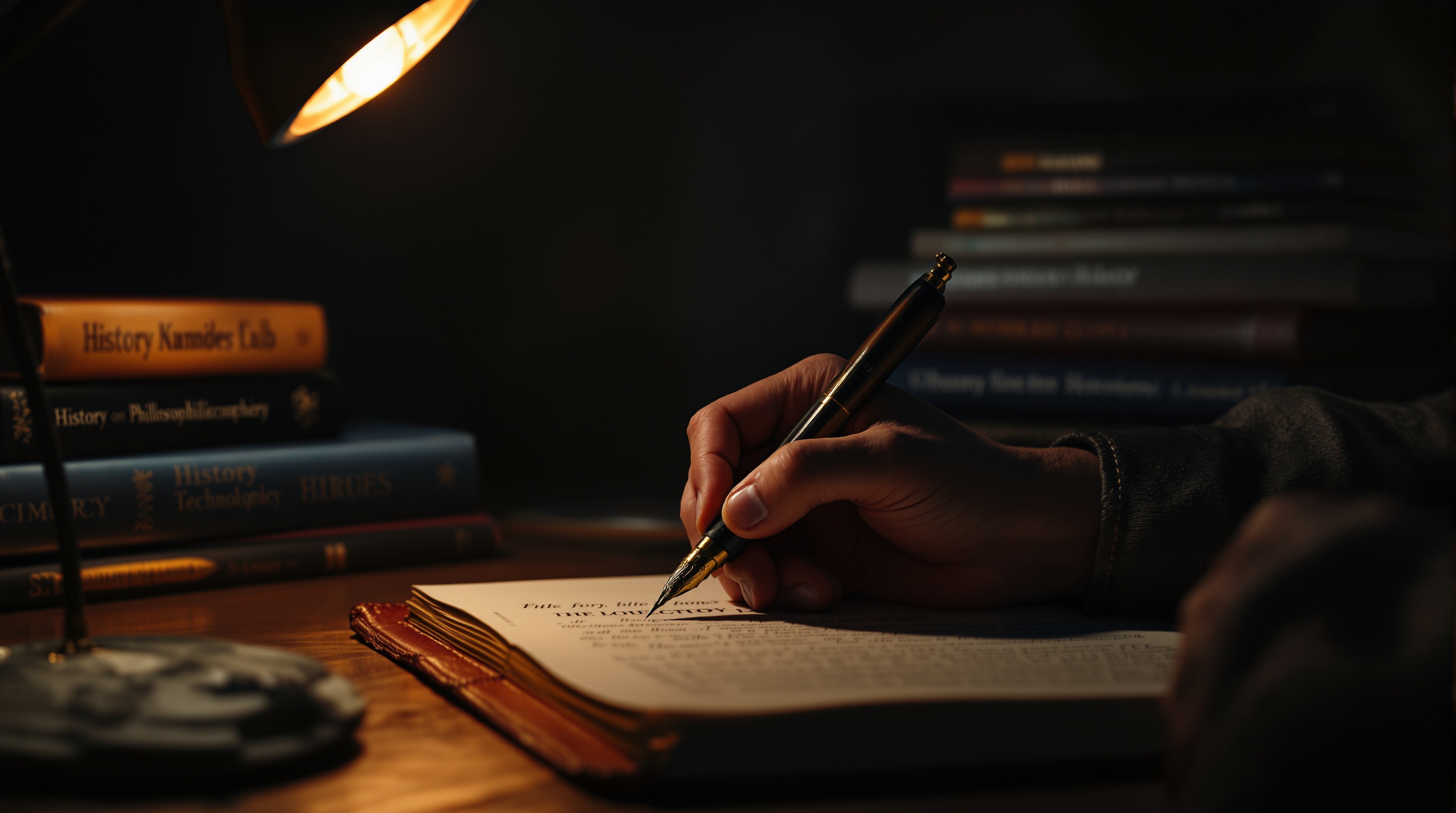 暗い部屋で温かいスポットライトの下、自分への投資として勉強に没頭するプロフェッショナルの姿。