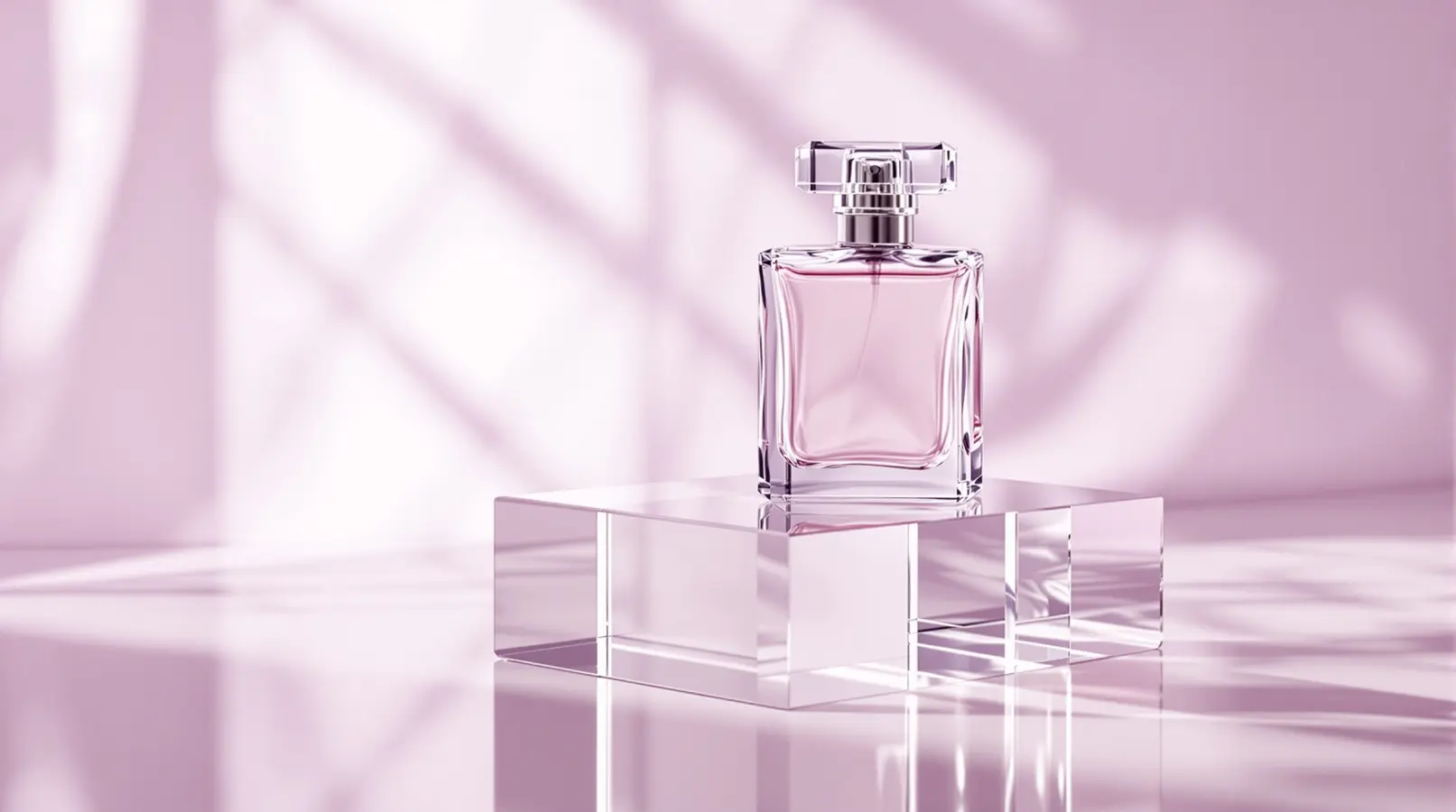 Clear glass perfume bottle with a plain silver cap on a grey plinth