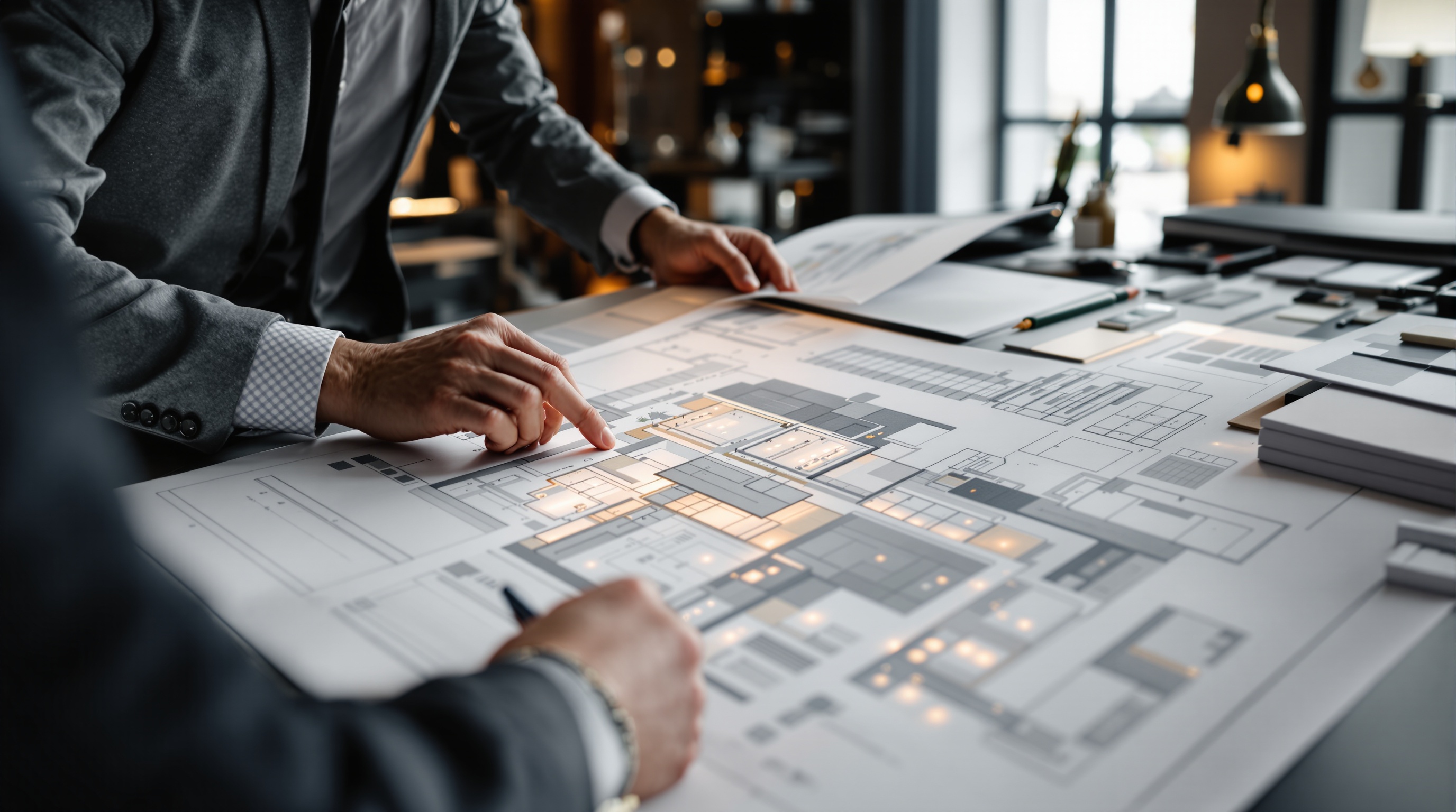 Lighting design consultant reviewing plans in a professional studio