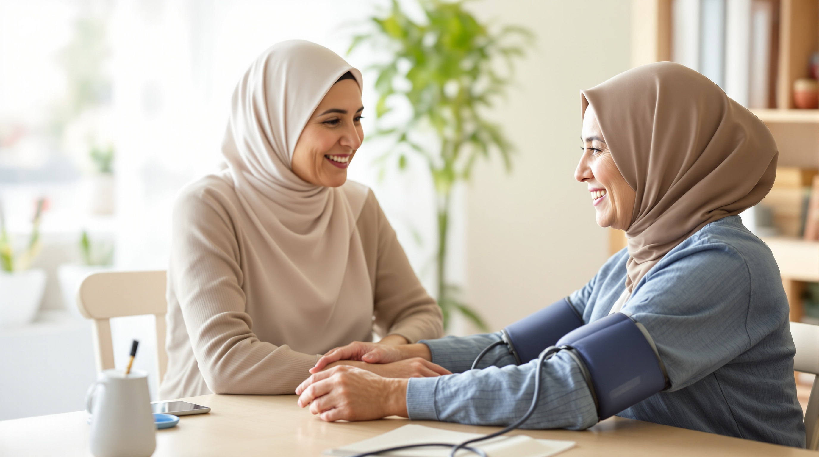 Caregiver helping senior take blood pressure correctly at home with proper positioning
