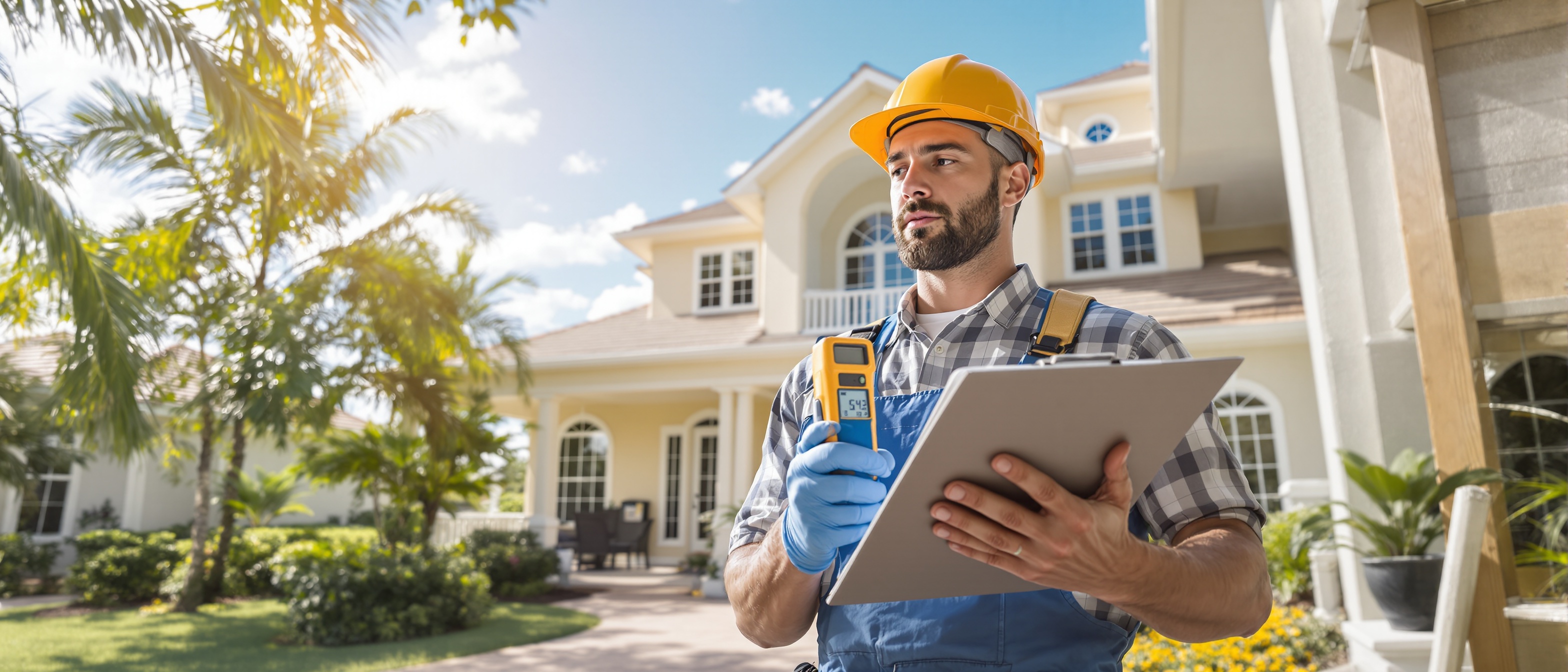 Professional mold inspector examining Florida home for real estate transaction pre-purchase inspection