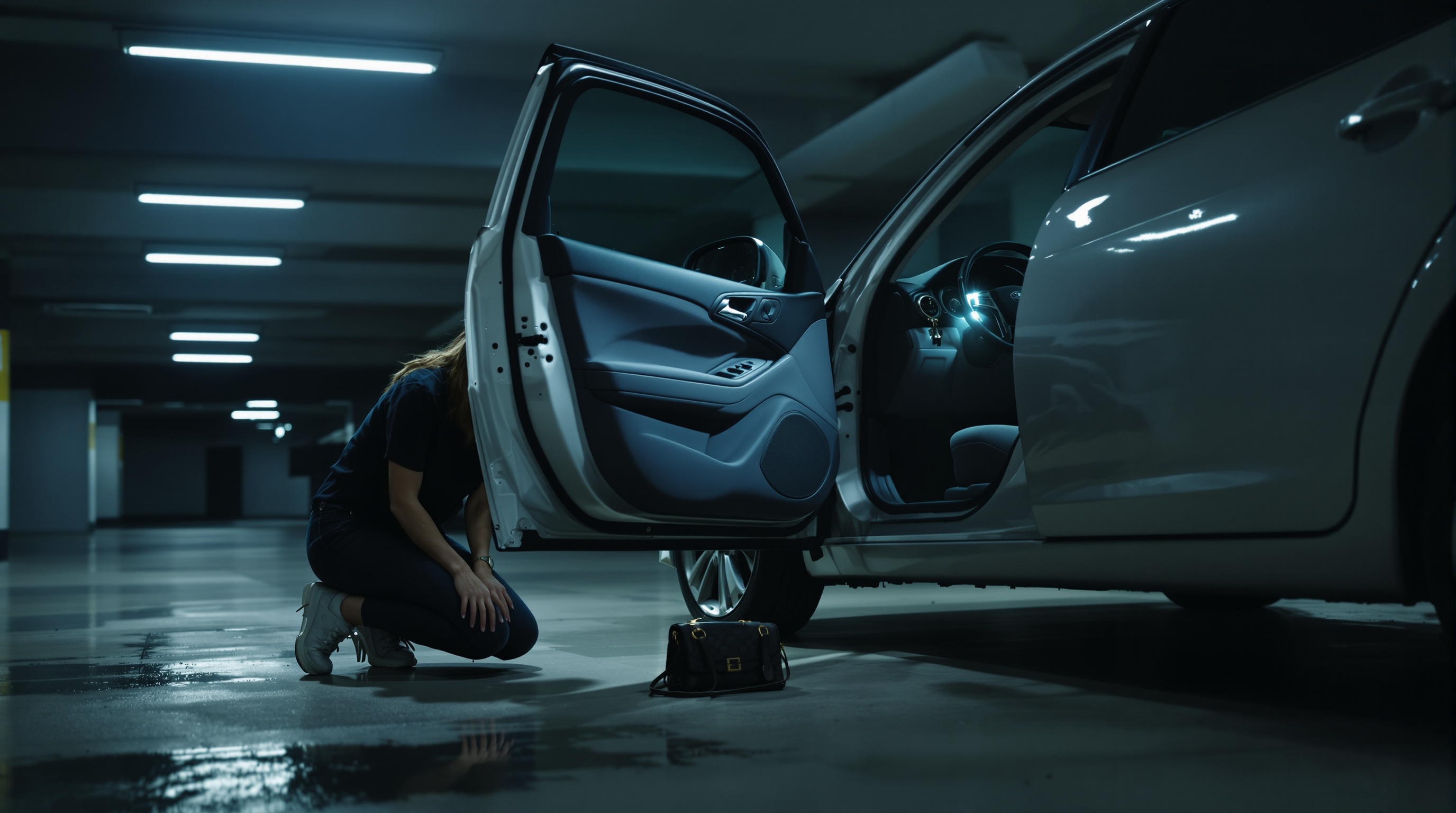 Worried driver searching through an empty purse in a parking lot next to a locked car during golden hour